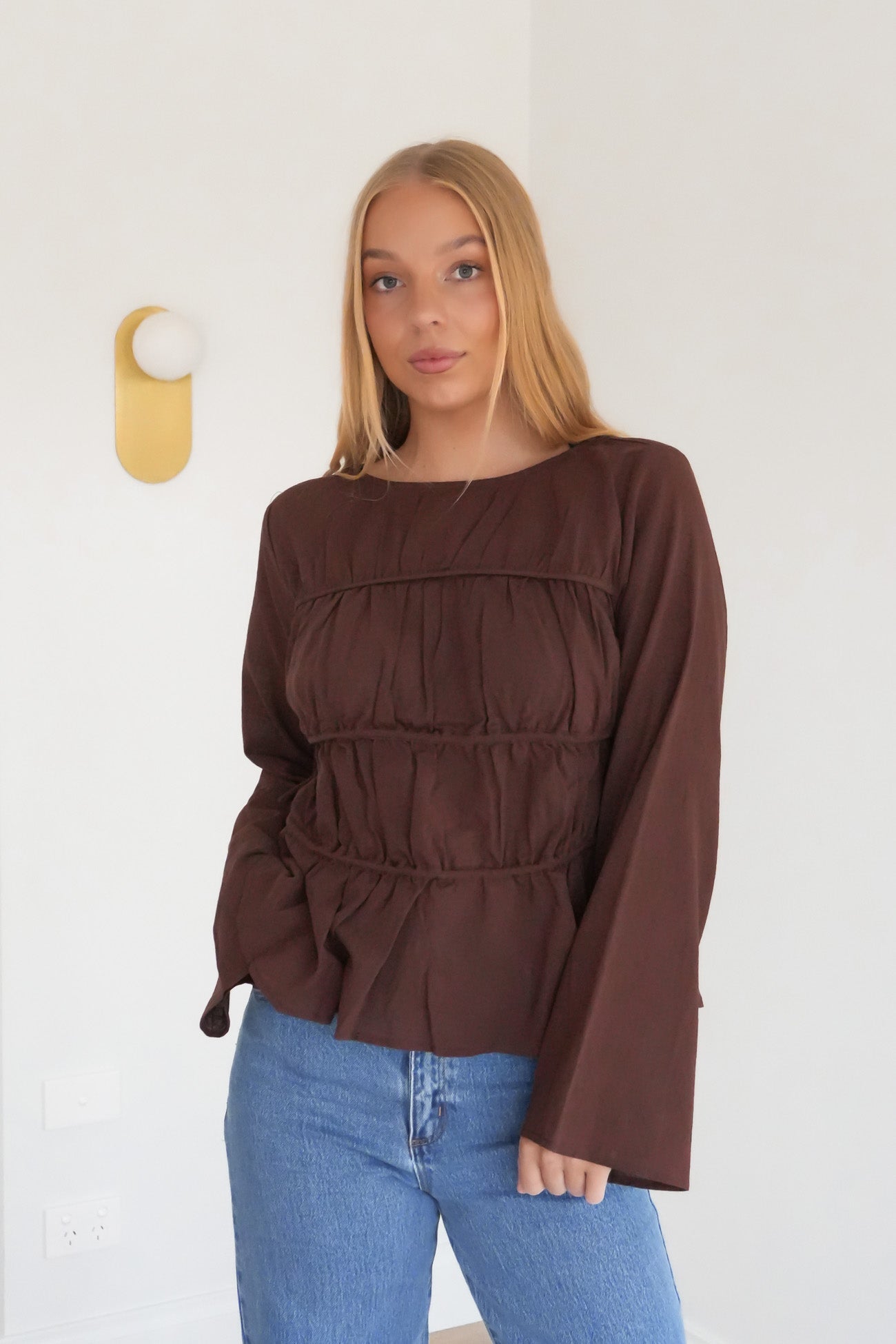 Lou Lou Tie Long Sleeve Top Brown