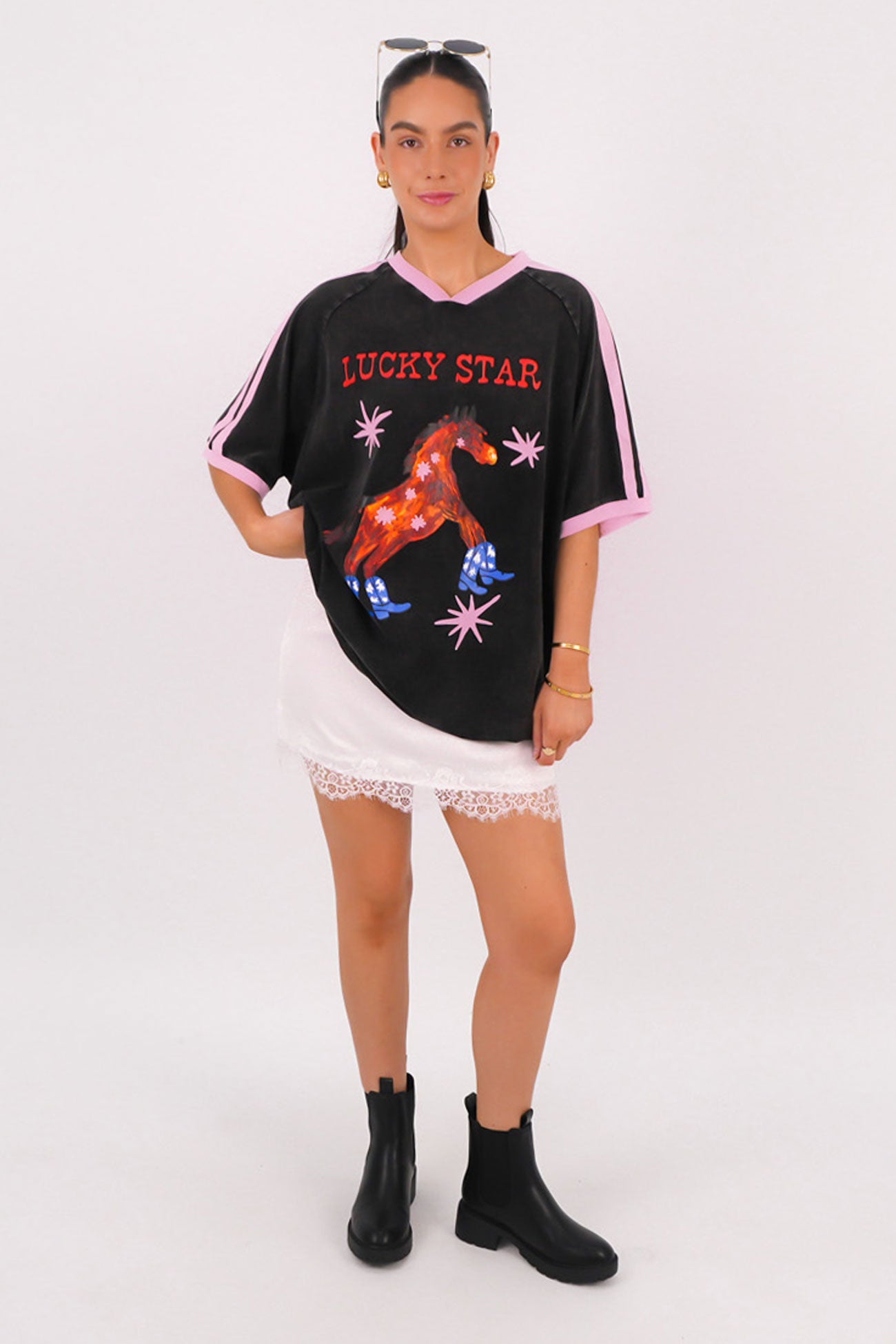 Lucky Star Tee Black Acid Wash