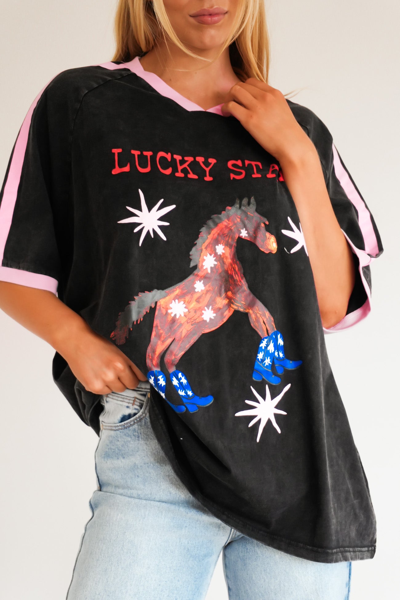 Lucky Star Tee Black Acid Wash