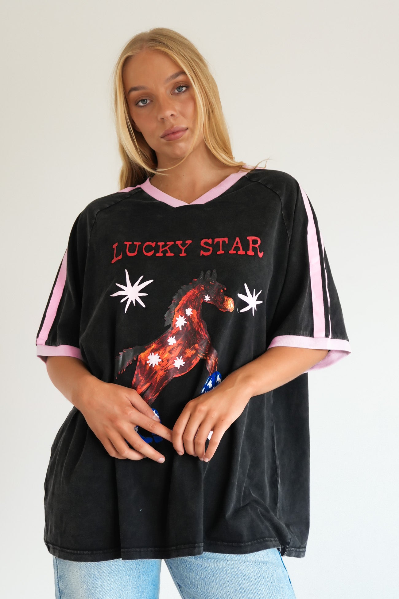 Lucky Star Tee Black Acid Wash