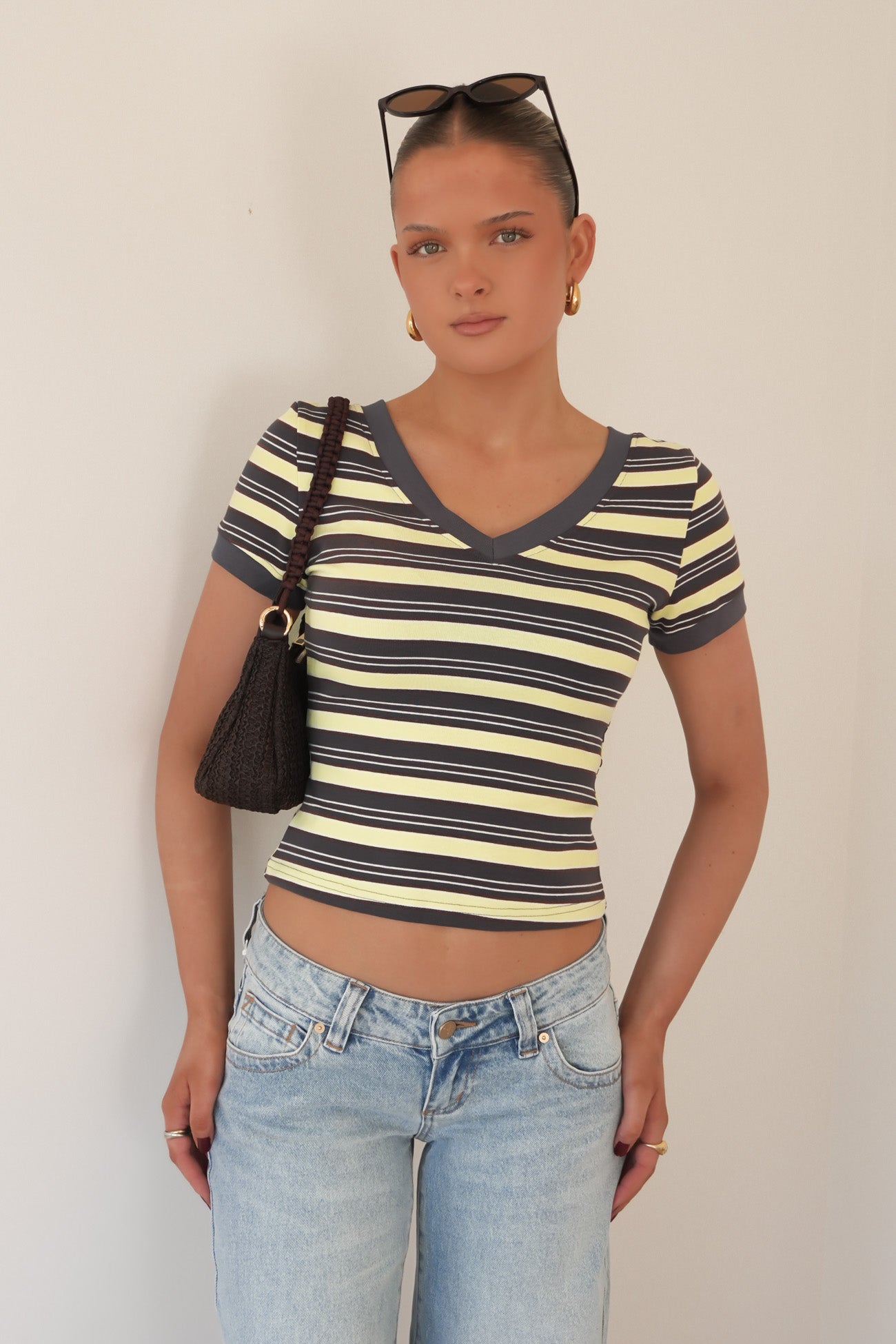 Mahli V-Neck Tee Charcoal Yellow Stripe