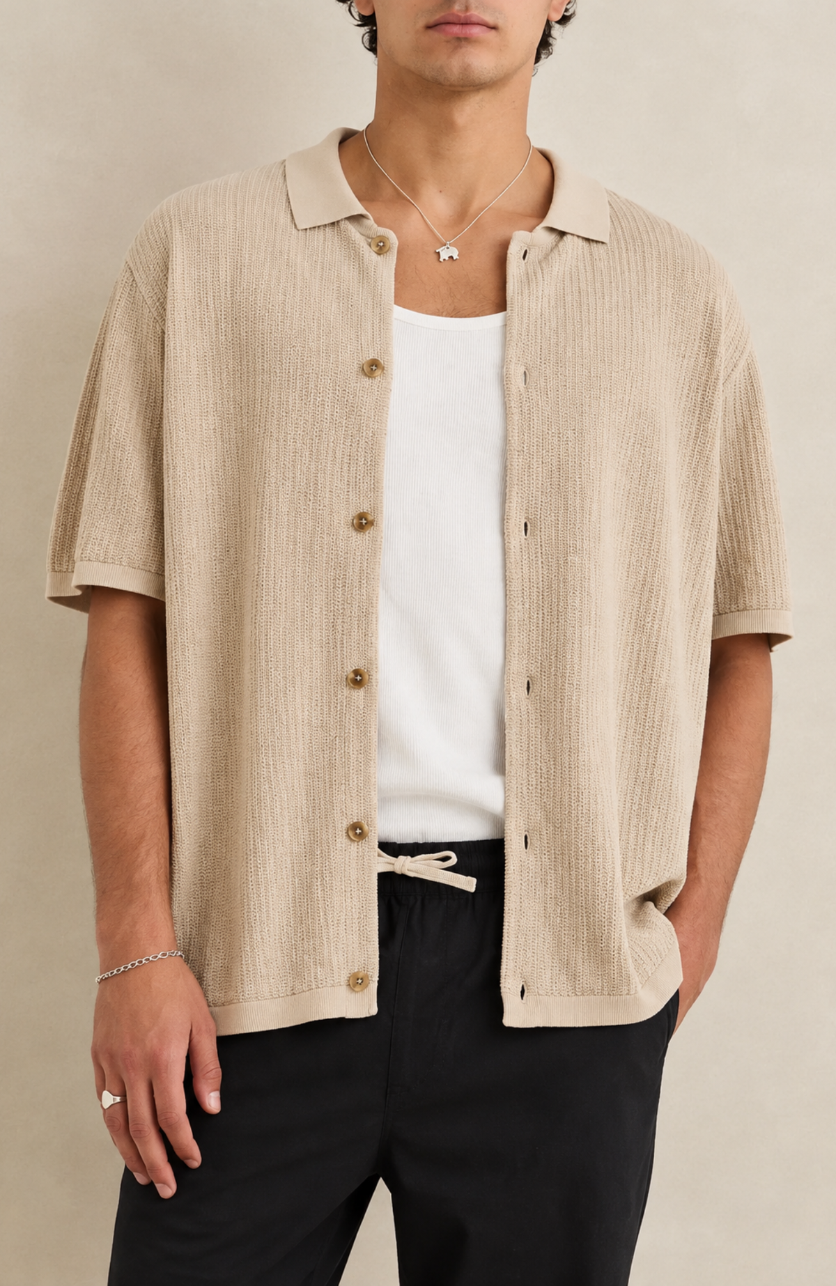 Textured Knit Short Sleeve Shirt Stone