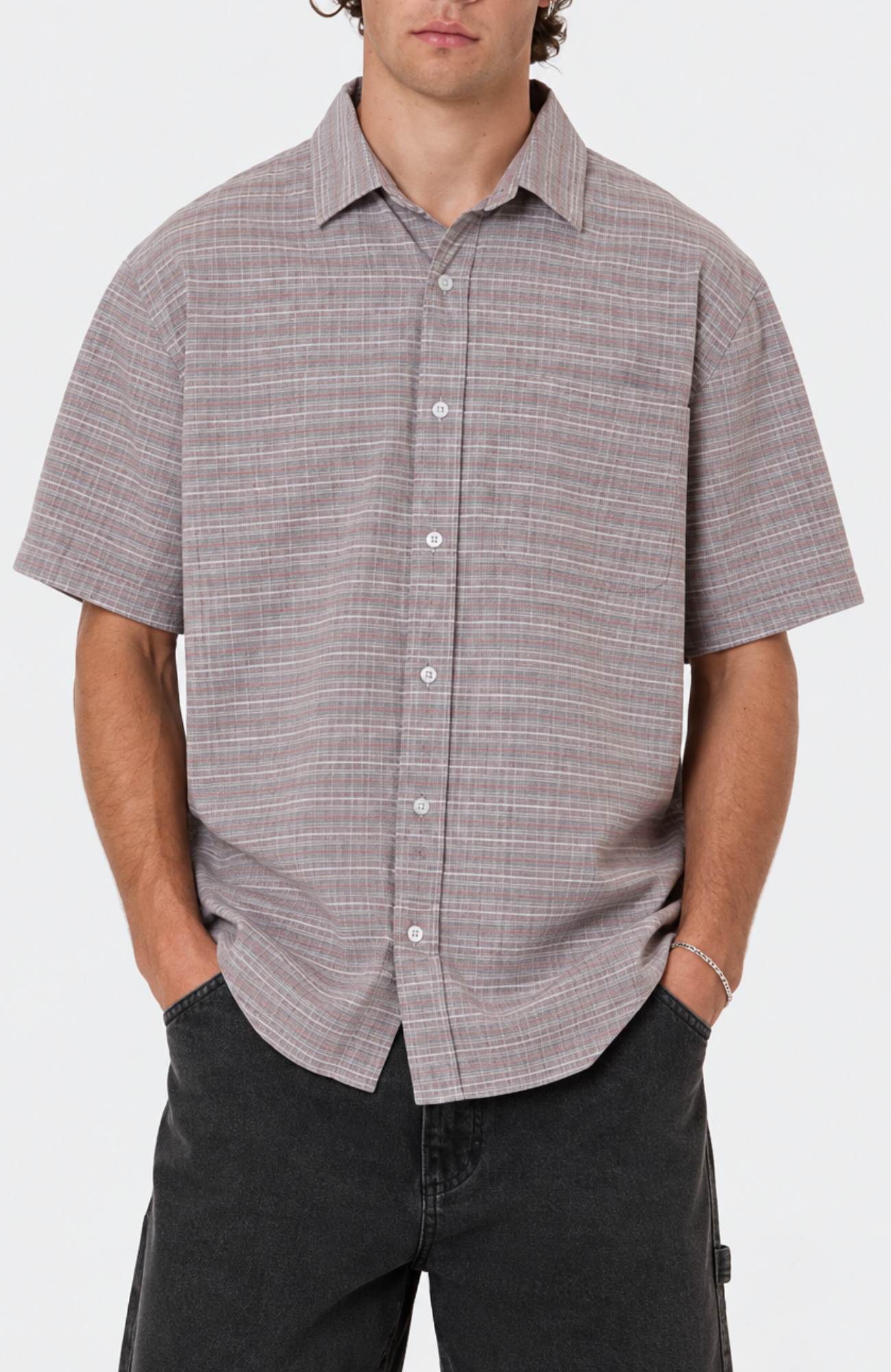 Minimal Thrills Stripe Check Short Sleeve Shirt Smog