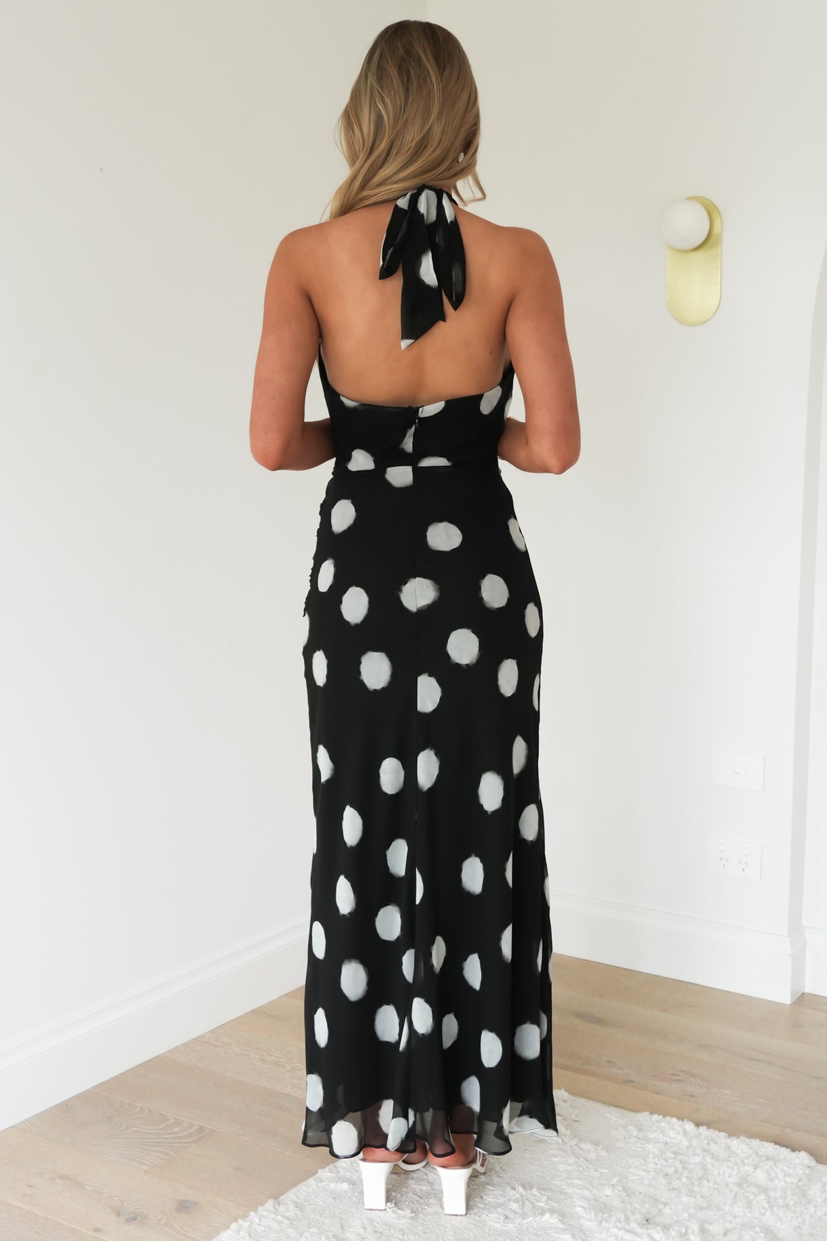Micala Halter Maxi Dress Black White Polka Dot
