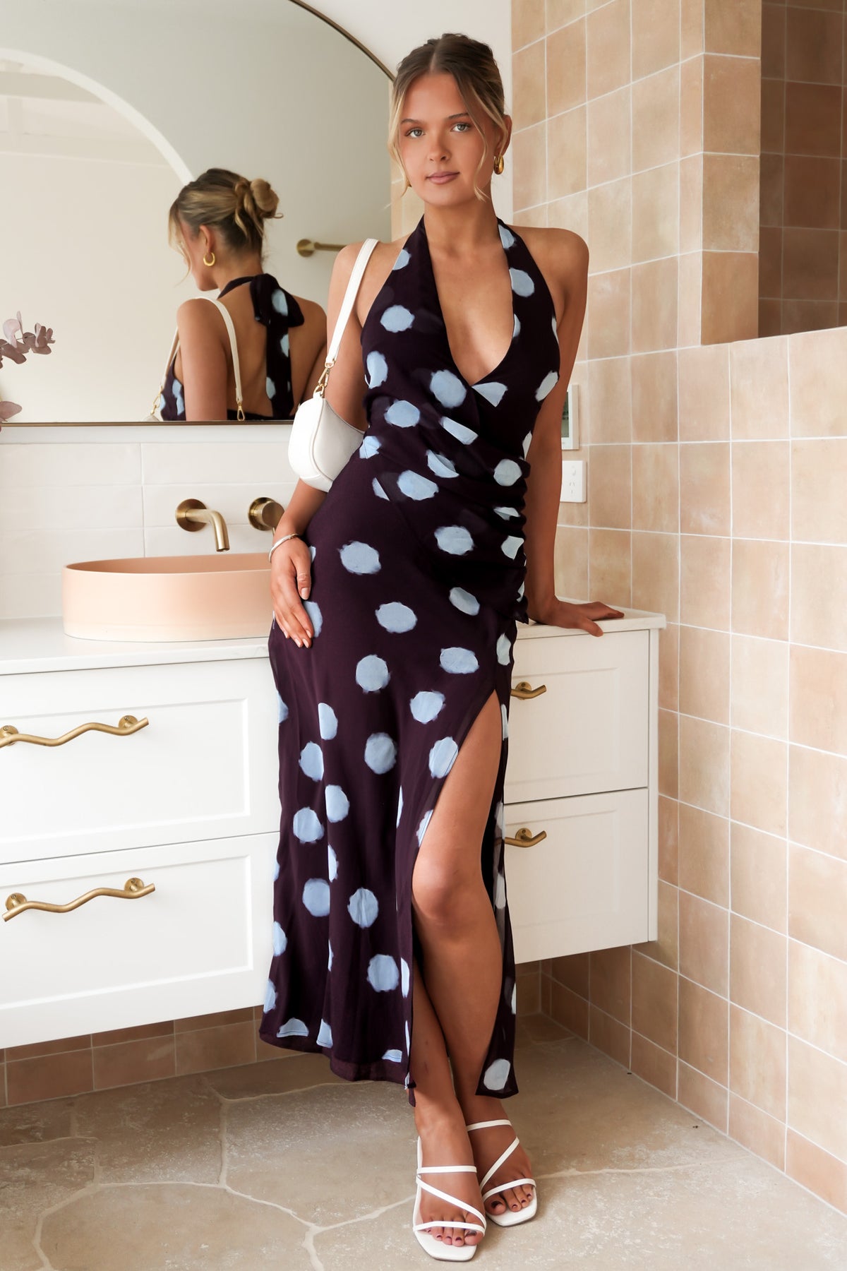 Micala Halter Maxi Dress Plum Blue Polka Dot