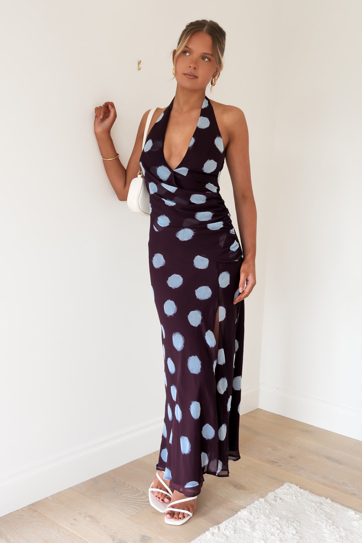 Micala Halter Maxi Dress Plum Blue Polka Dot