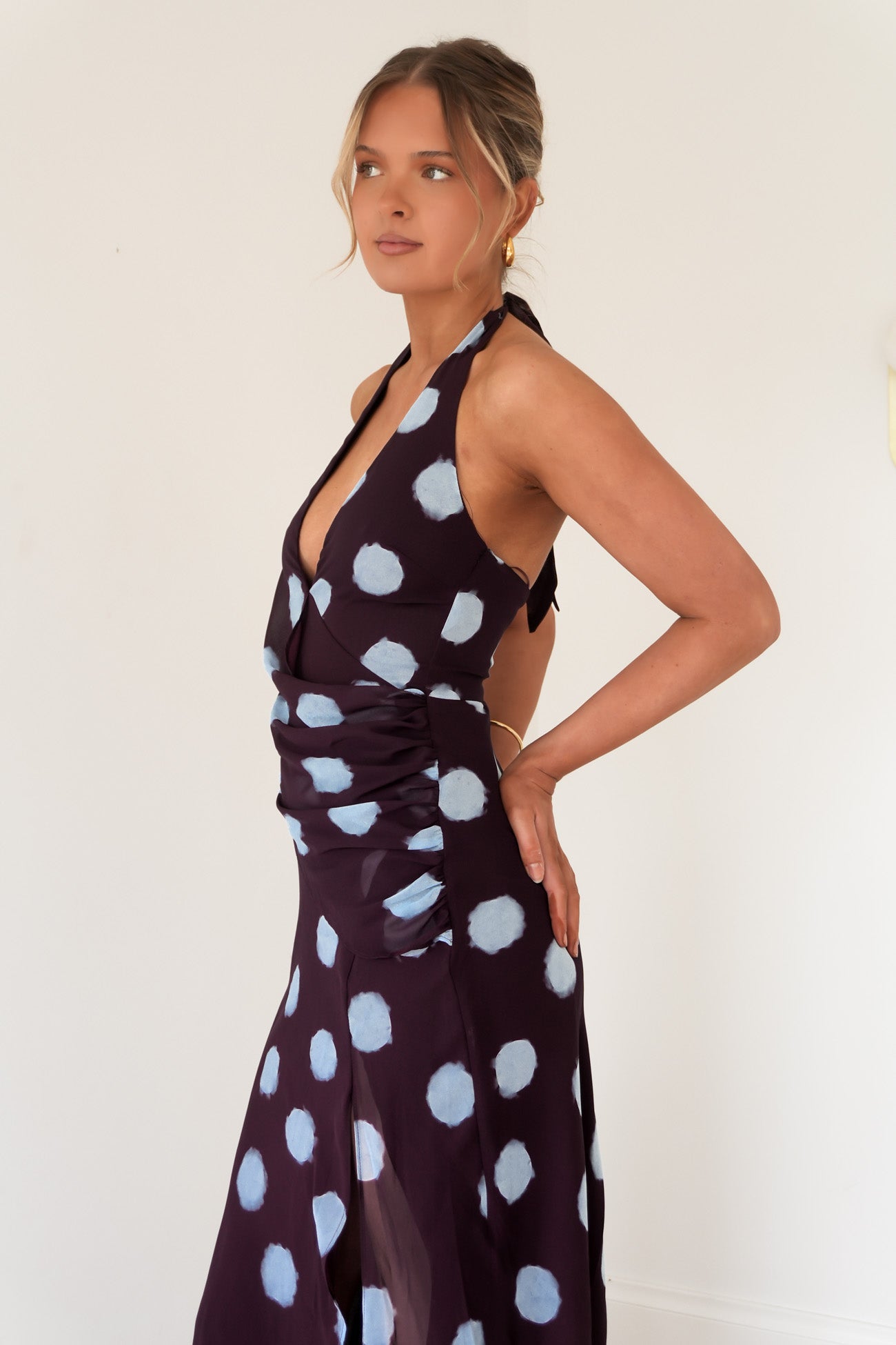 Micala Halter Maxi Dress Plum Blue Polka Dot