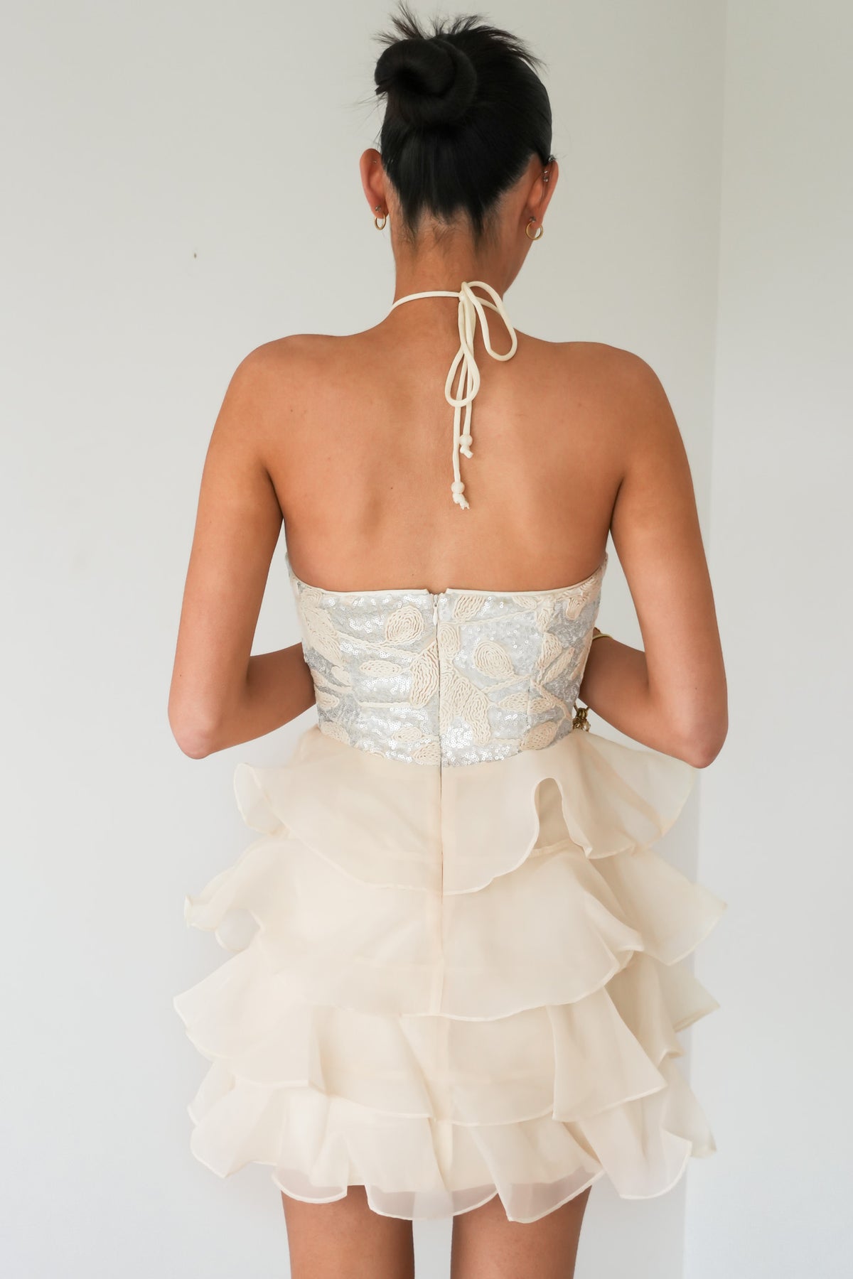 Nicolette Sequin Halter Mini Dress Beige