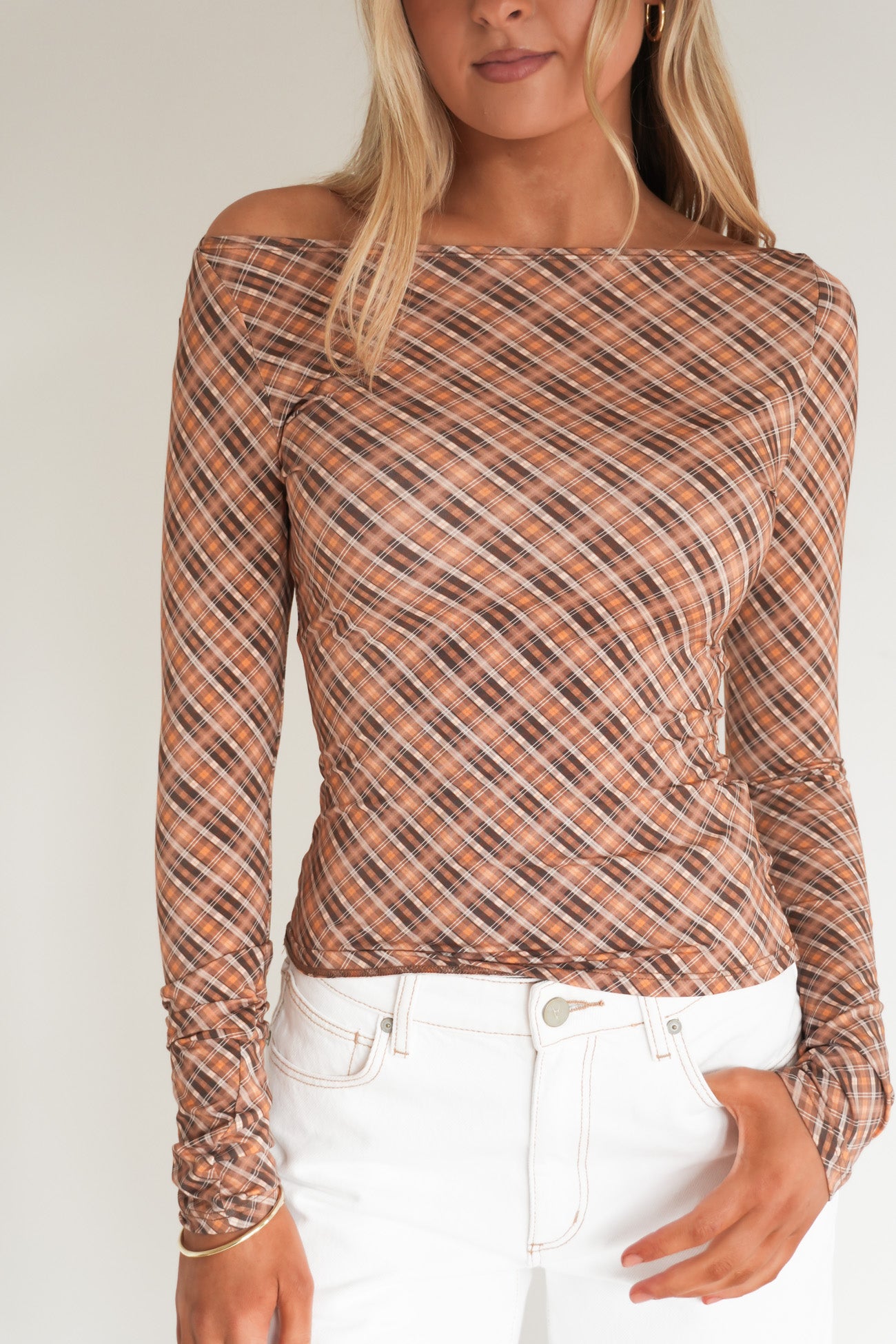 No Vacancy Check Long Sleeve Top Cinnamon
