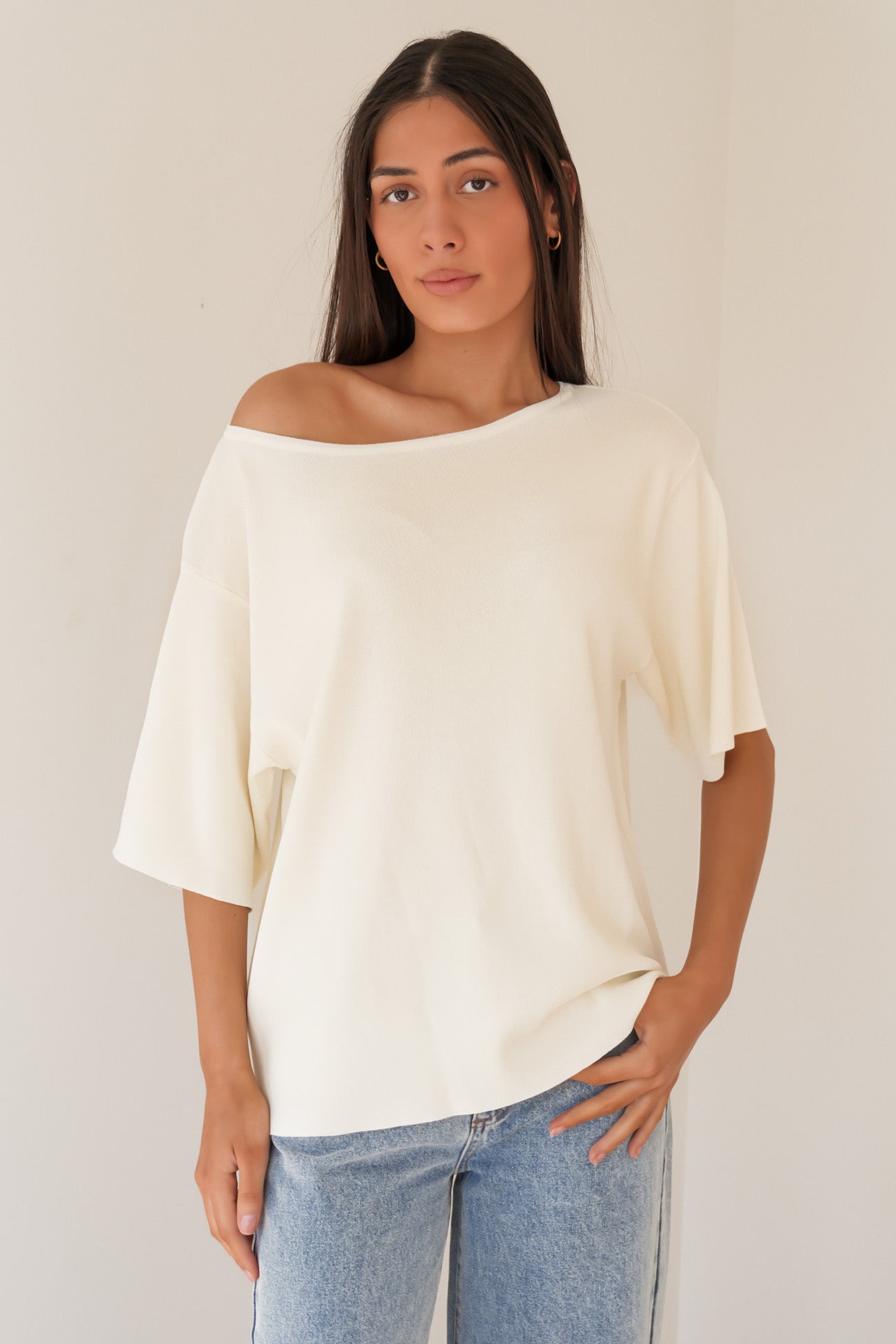 Ollie Off Shoulder Knit Top White