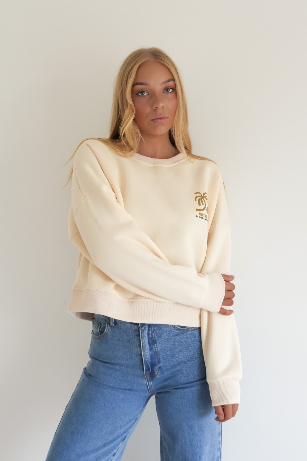 Palm Slouchy Crew Neck Fleece Cream
