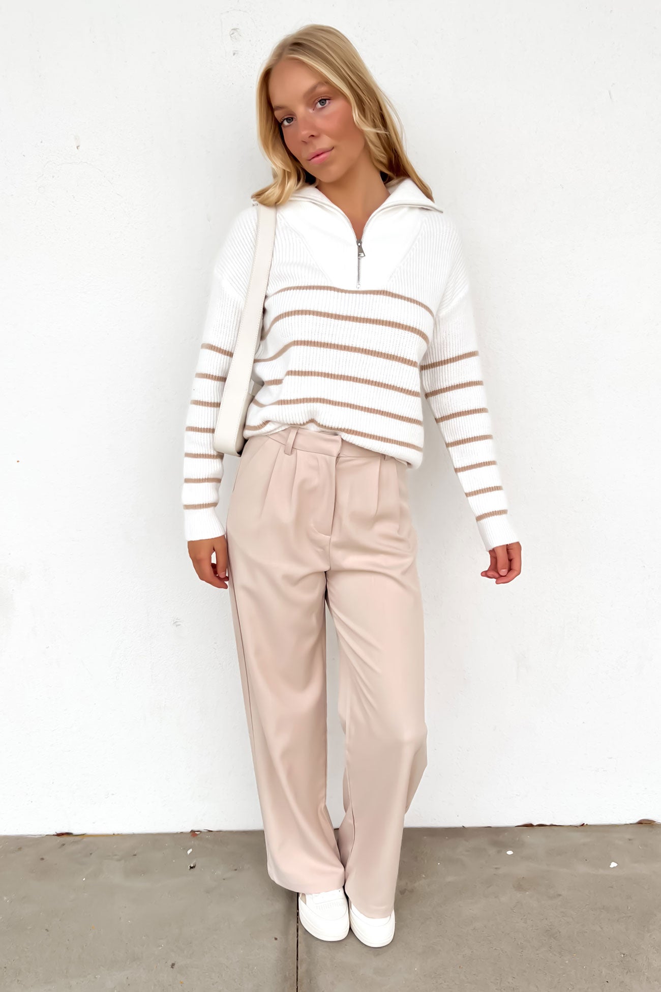Rachael 1/4 Zip Knit Jumper White Camel Stripe