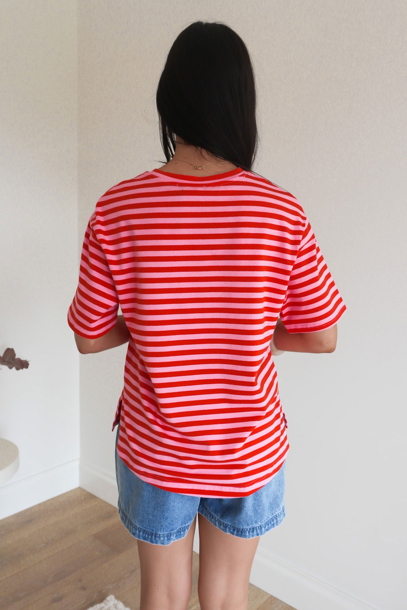 Relax Boxy Tee Pink Red Stripe