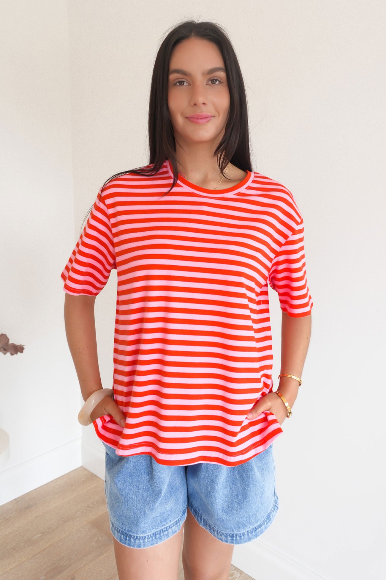 Relax Boxy Tee Pink Red Stripe