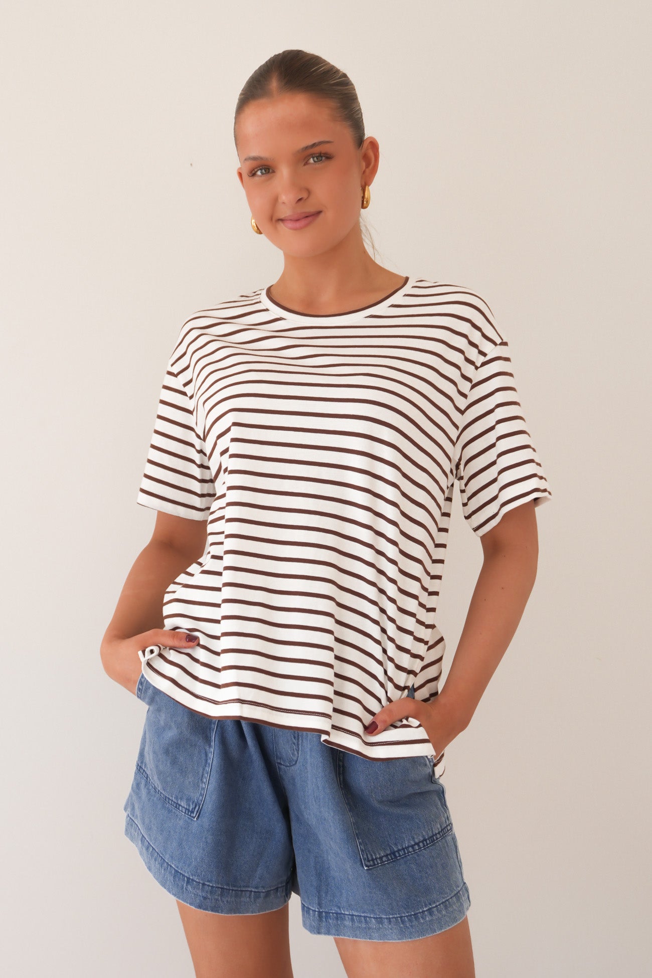 Relax Boxy Tee Chocolate White Stripe