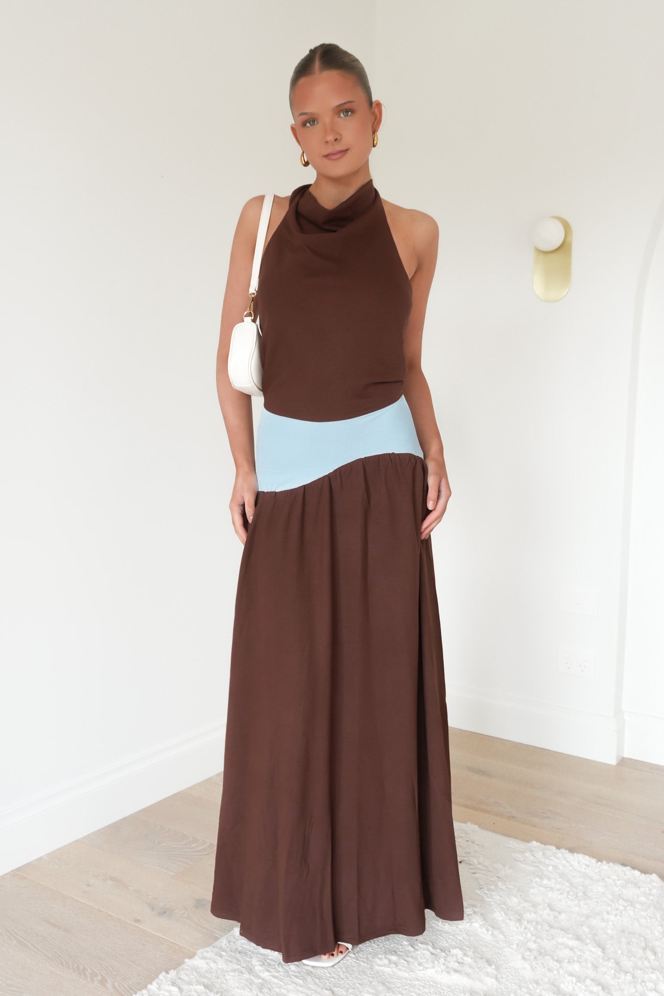 Rhiannan Halter Maxi Dress Chocolate Blue
