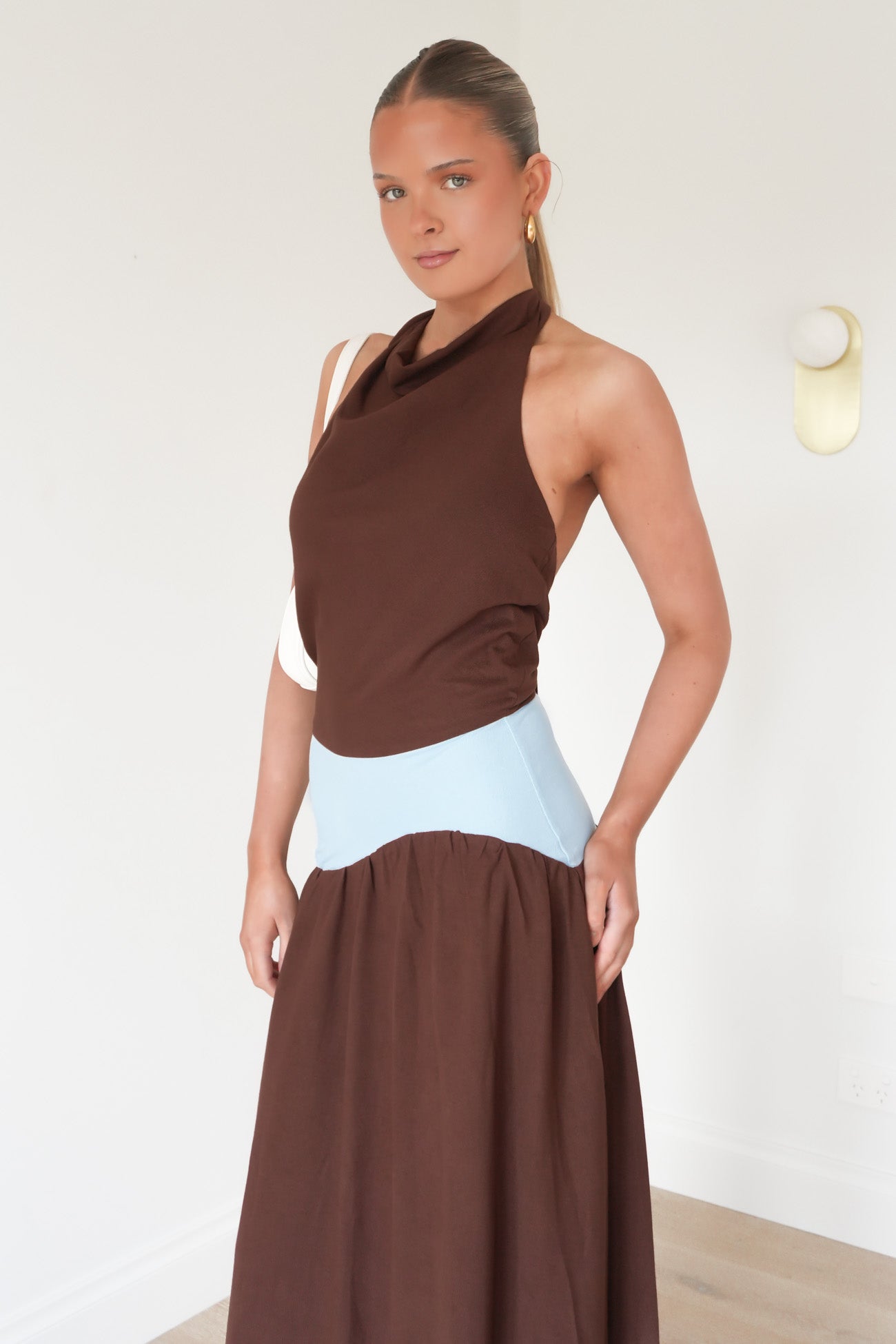 Rhiannan Halter Maxi Dress Chocolate Blue
