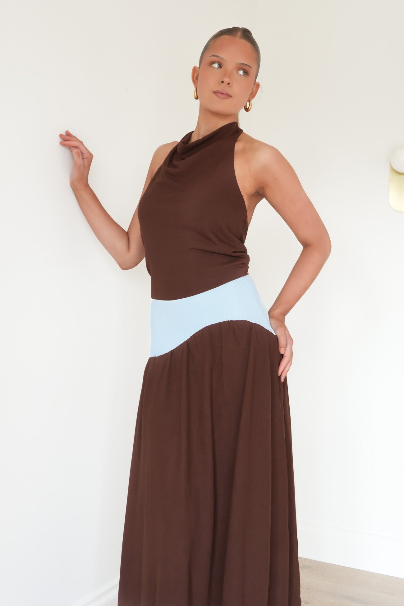 Rhiannan Halter Maxi Dress Chocolate Blue