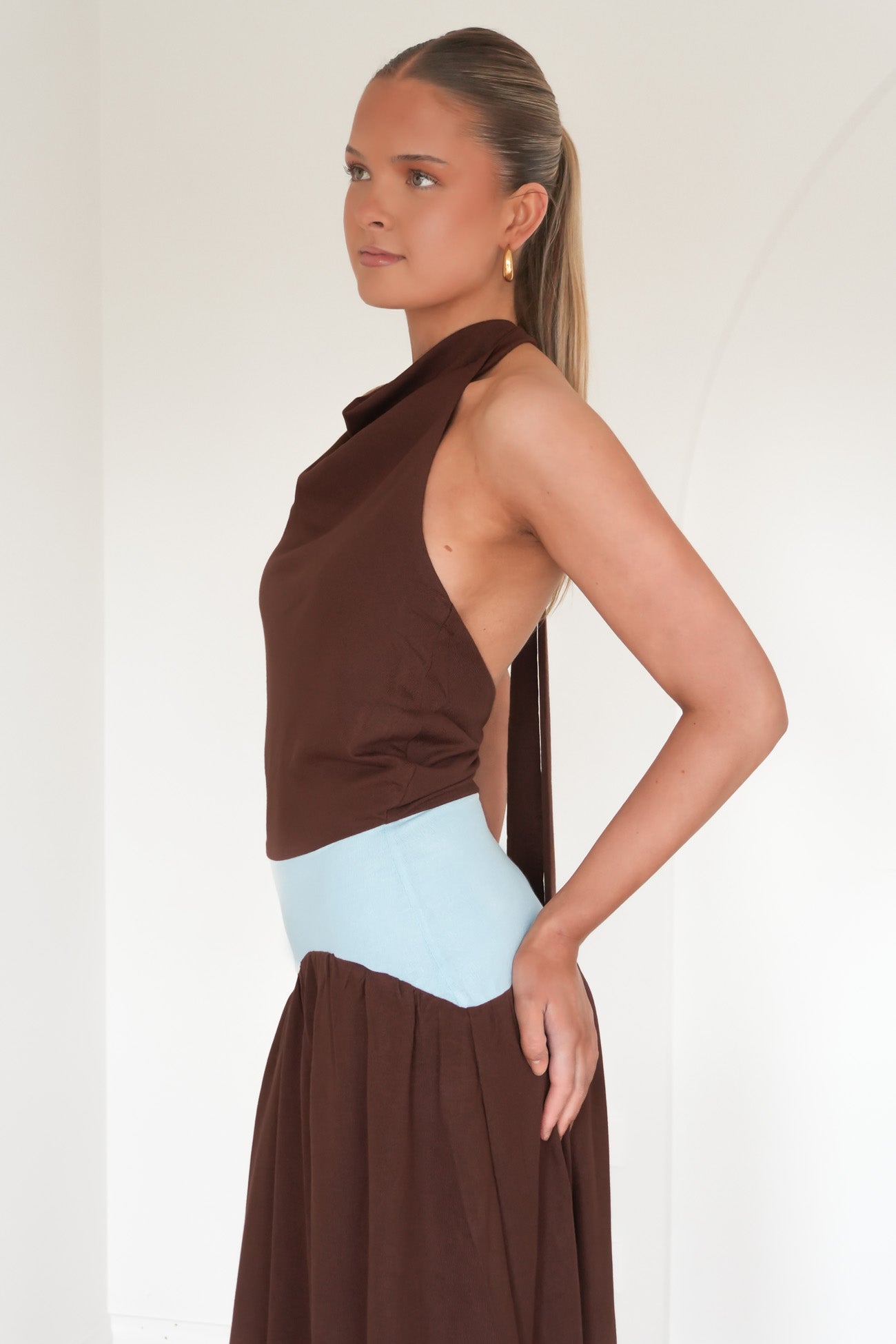 Rhiannan Halter Maxi Dress Chocolate Blue