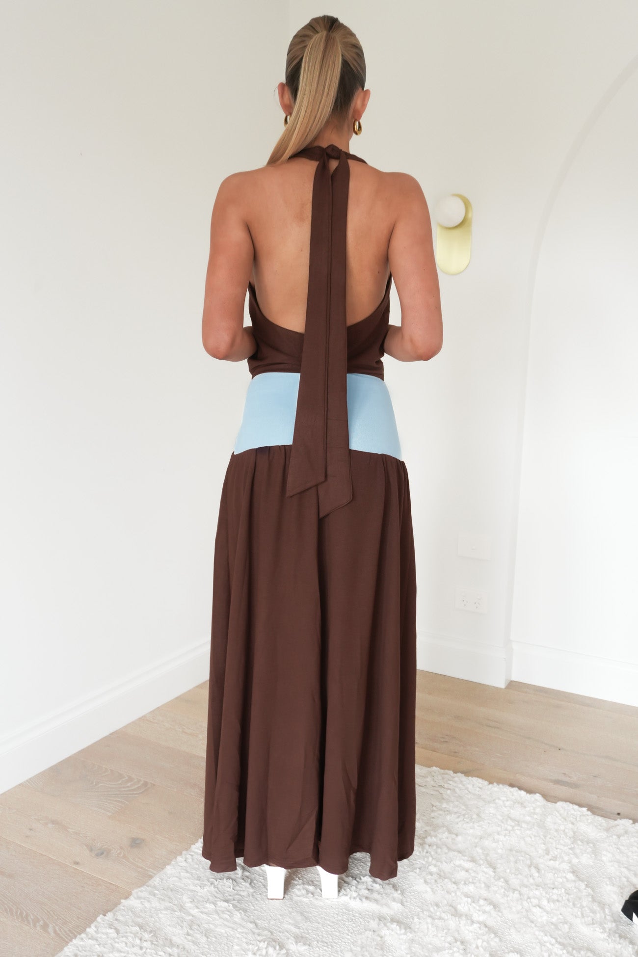Rhiannan Halter Maxi Dress Chocolate Blue
