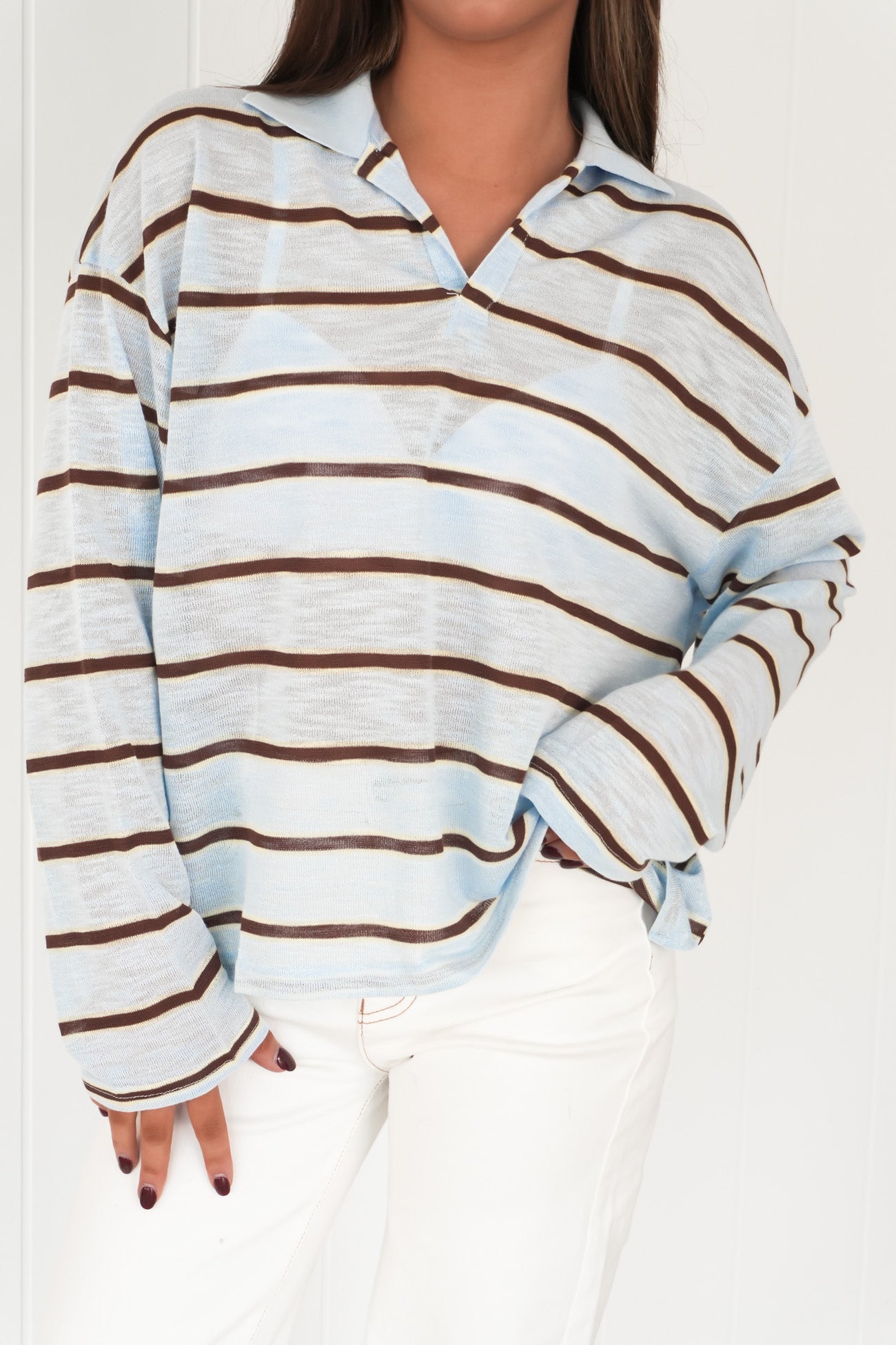 Romie Long Sleeve Polo Blue Chocolate Stripe