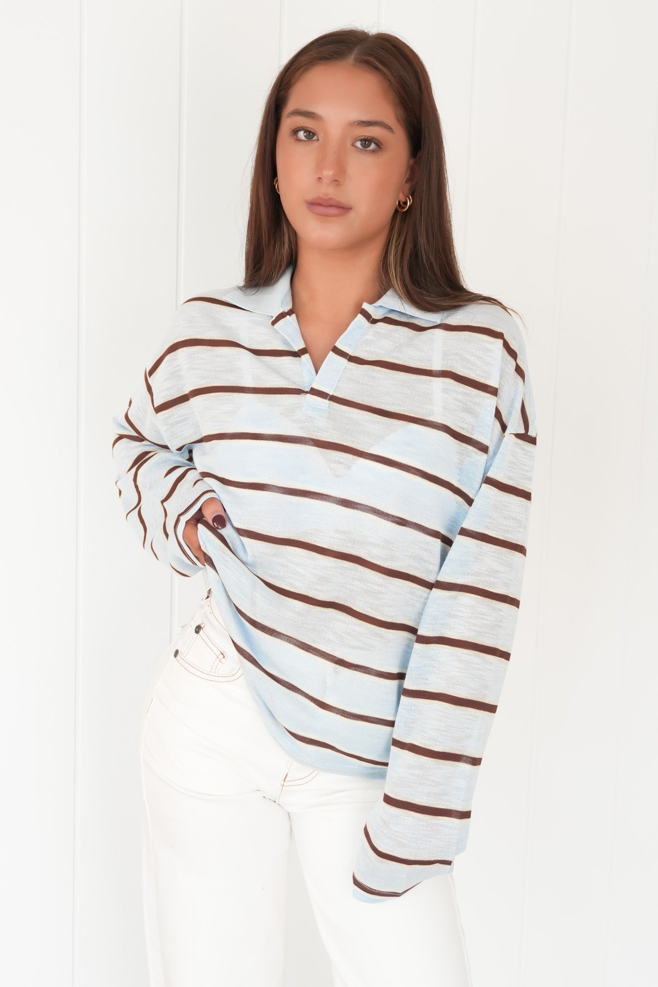 Romie Long Sleeve Polo Blue Chocolate Stripe