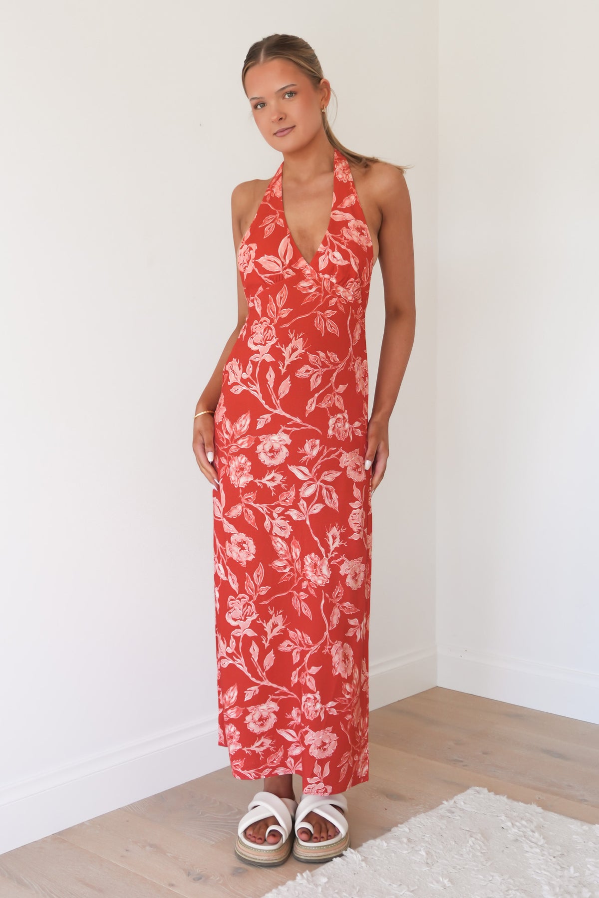Rosalie Floral Halter Neck Maxi Dress Rose