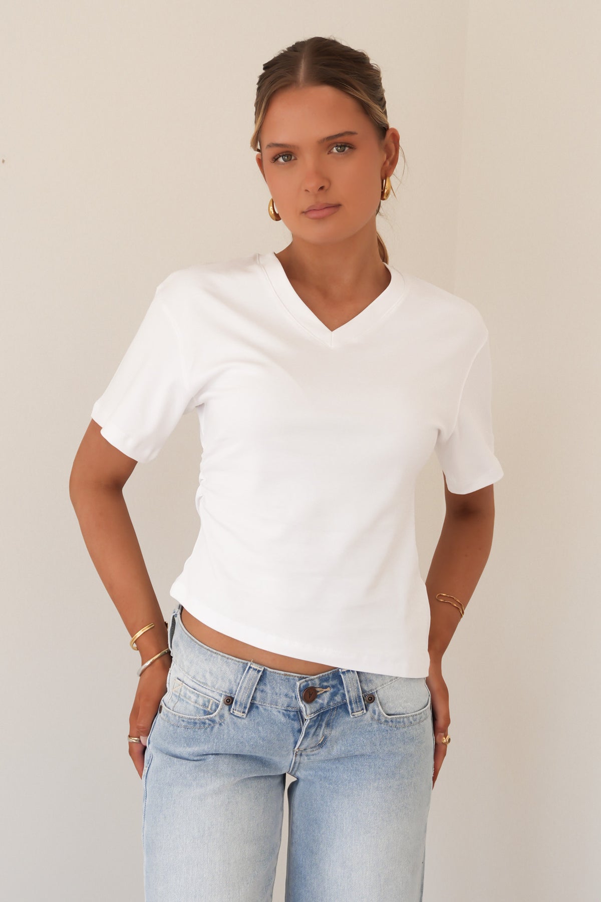 Ruched Vee Tee White
