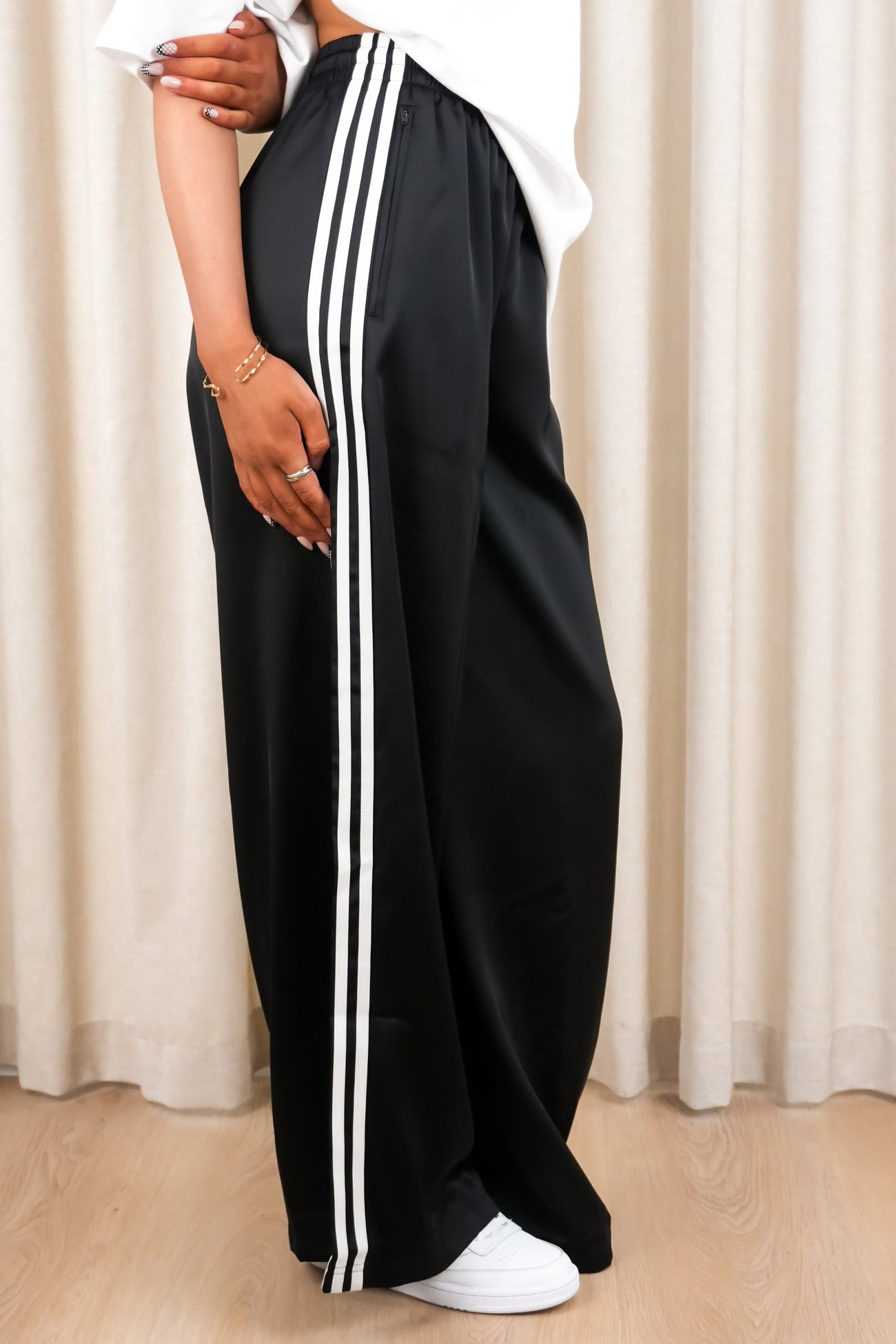 Satin Wide Leg Track Pant Black