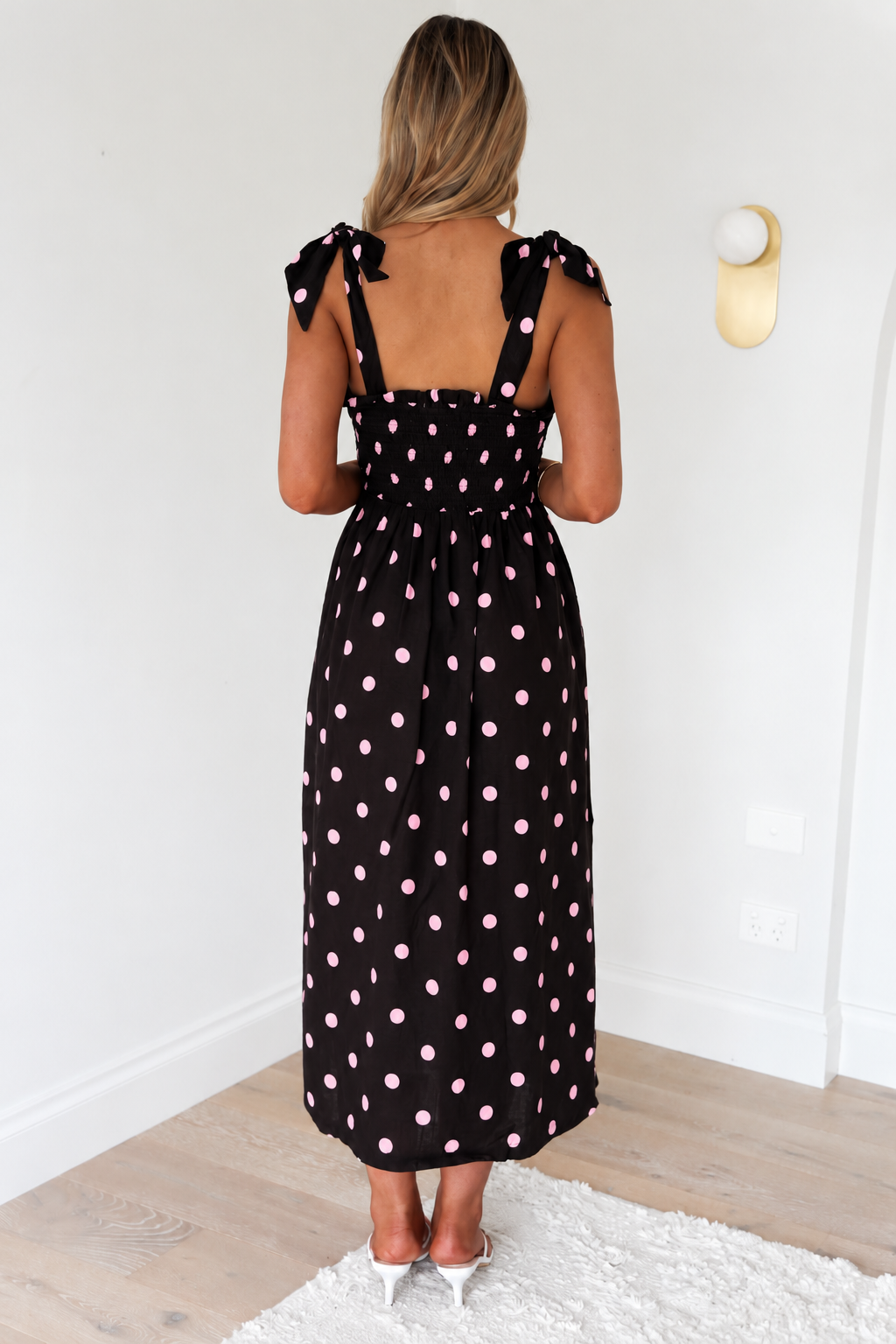 Shirred Maxi Dress Pink Chocolate Polka Dot