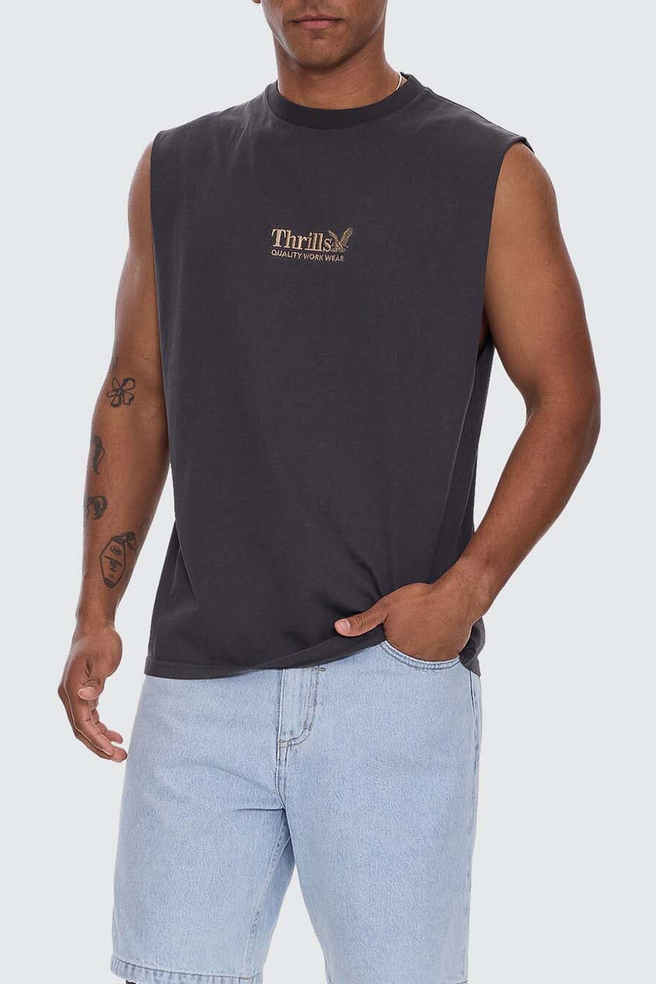 Thrills Workwear Embro Merch Fit Muscle Tee Dark Charcoal