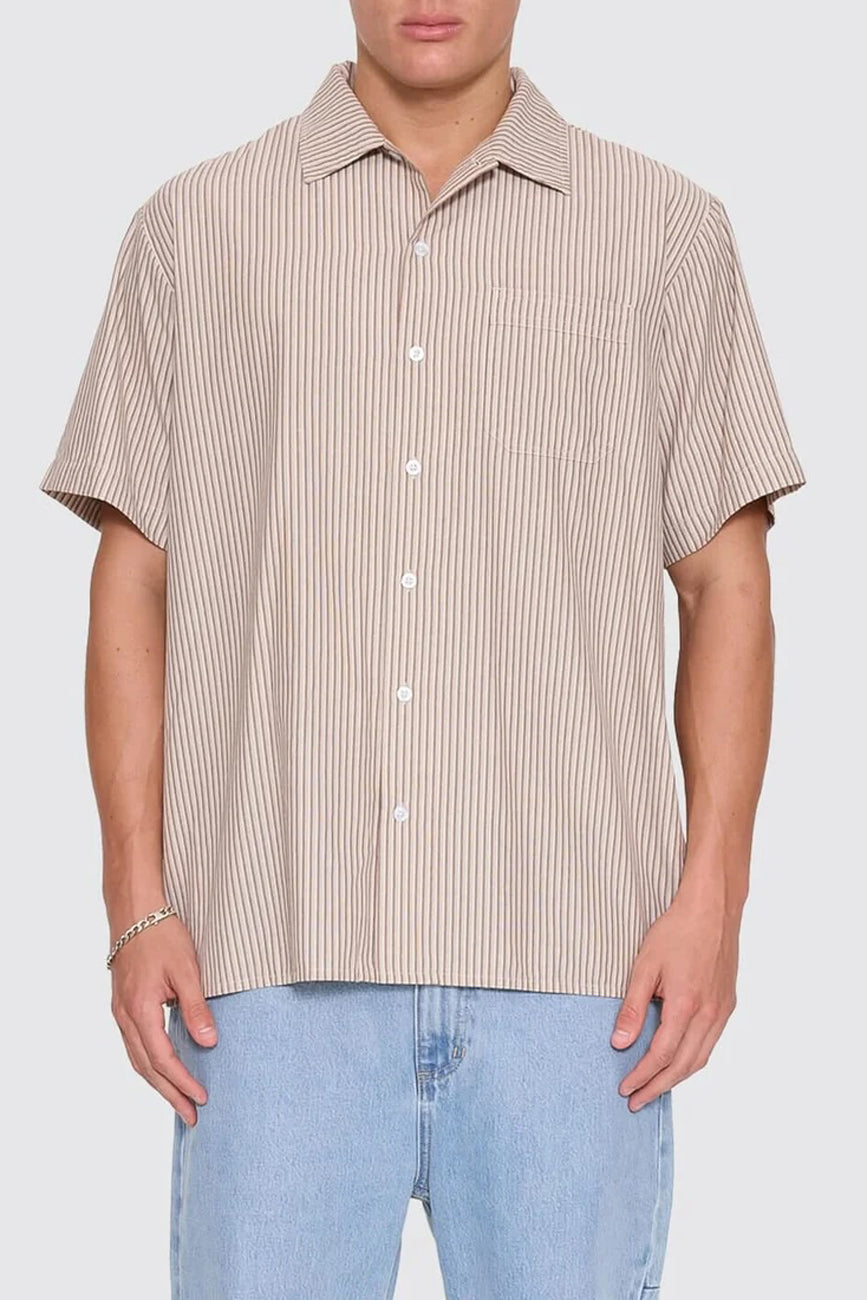 Thrills Union Short Sleeve Stripe Work Shirt Postal Brown
