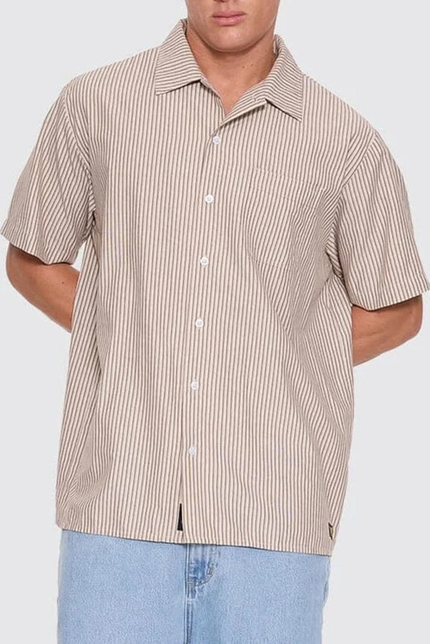 Thrills Union Short Sleeve Stripe Work Shirt Postal Brown