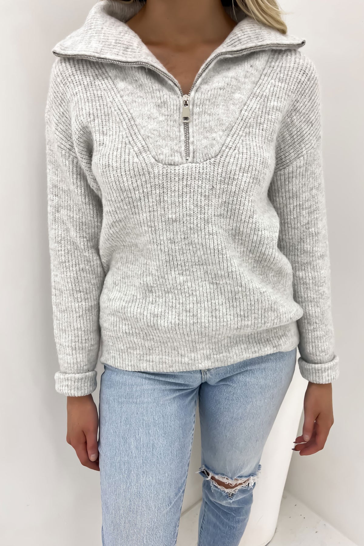 Victoria 1 4 Zip Knit Jumper Grey Marle Jean Jail