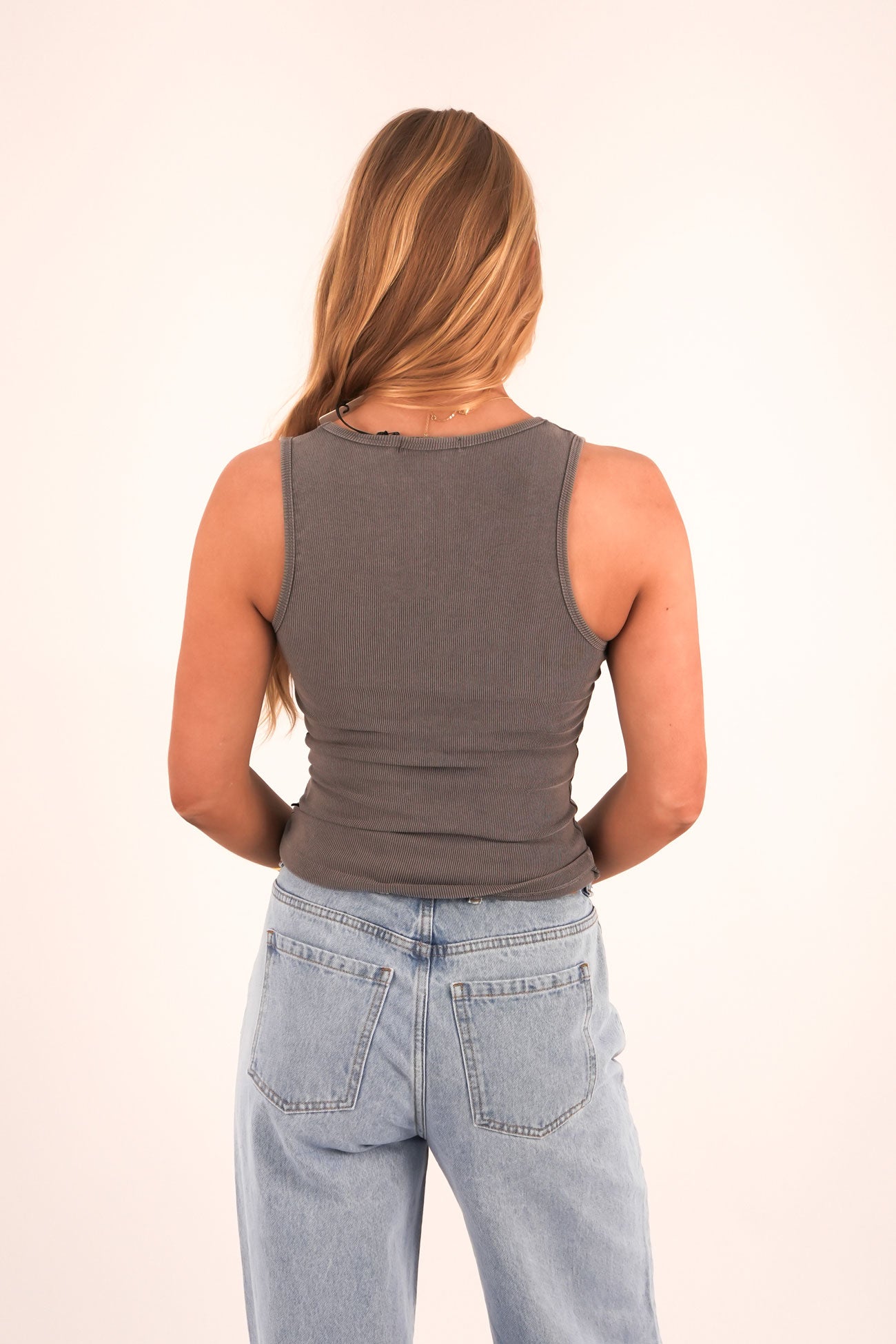 Washed Rib Scoop Neck Tank Charcoal