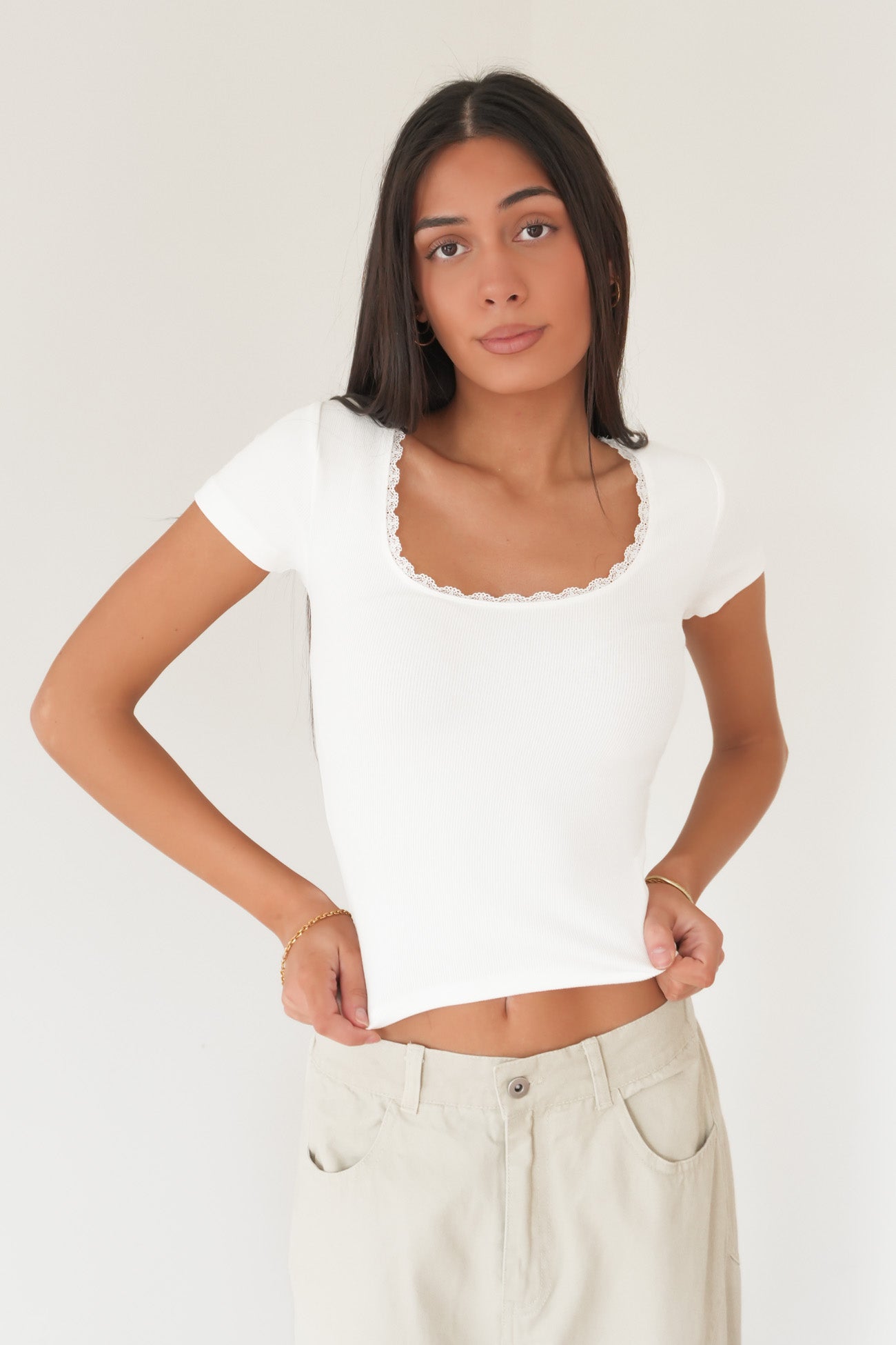 Washed Rib Lace Scoop Neck Tee Vintage White