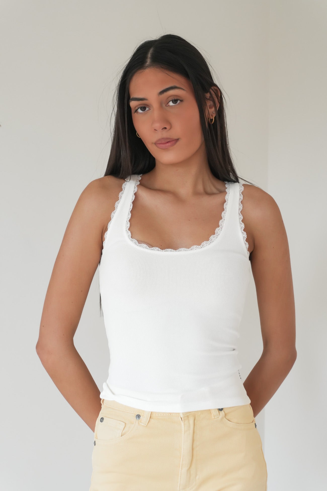 Washed Rib Lace Tank Vintage White