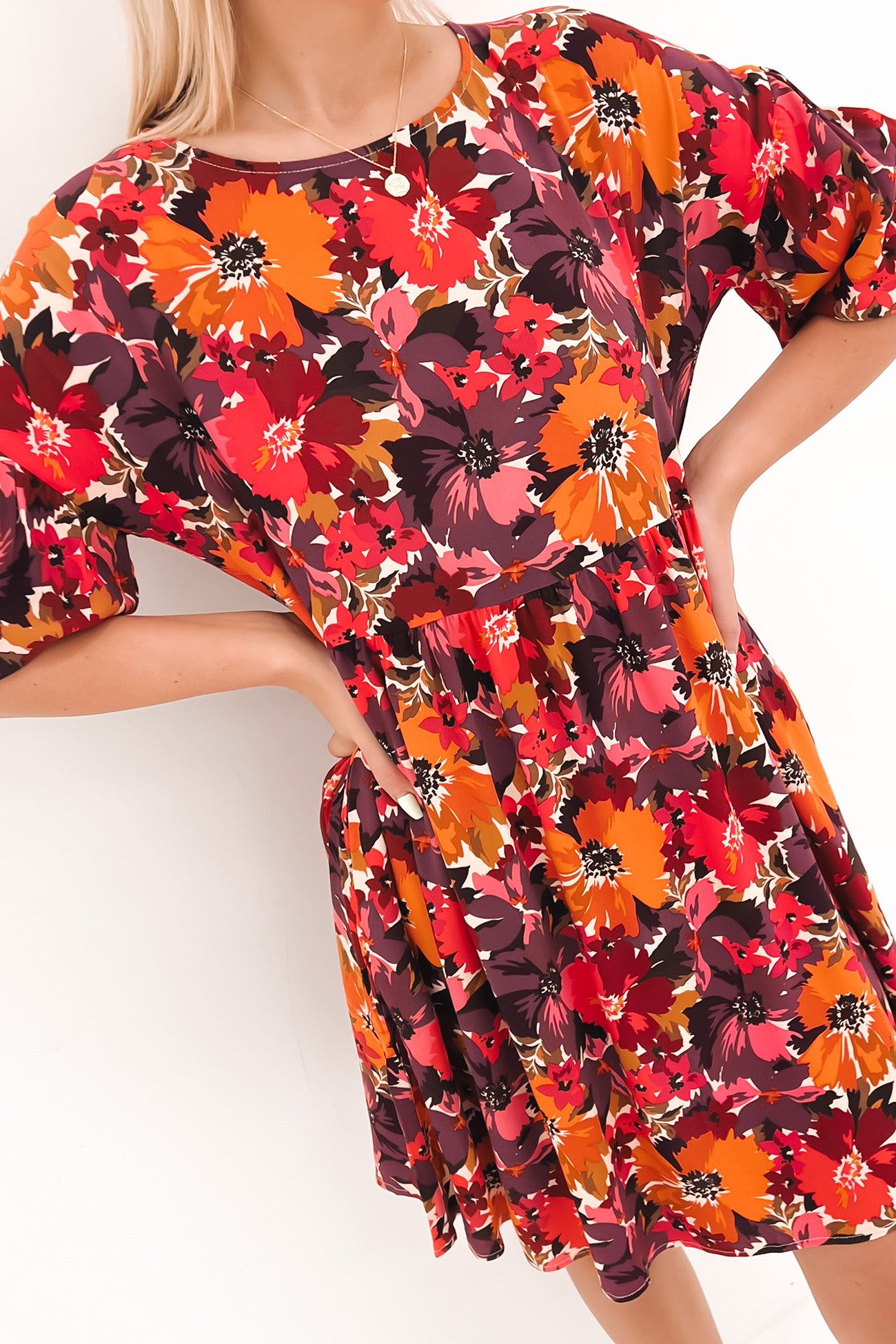 Yasmin Bubble Sleeve Mini Dress Berry Floral