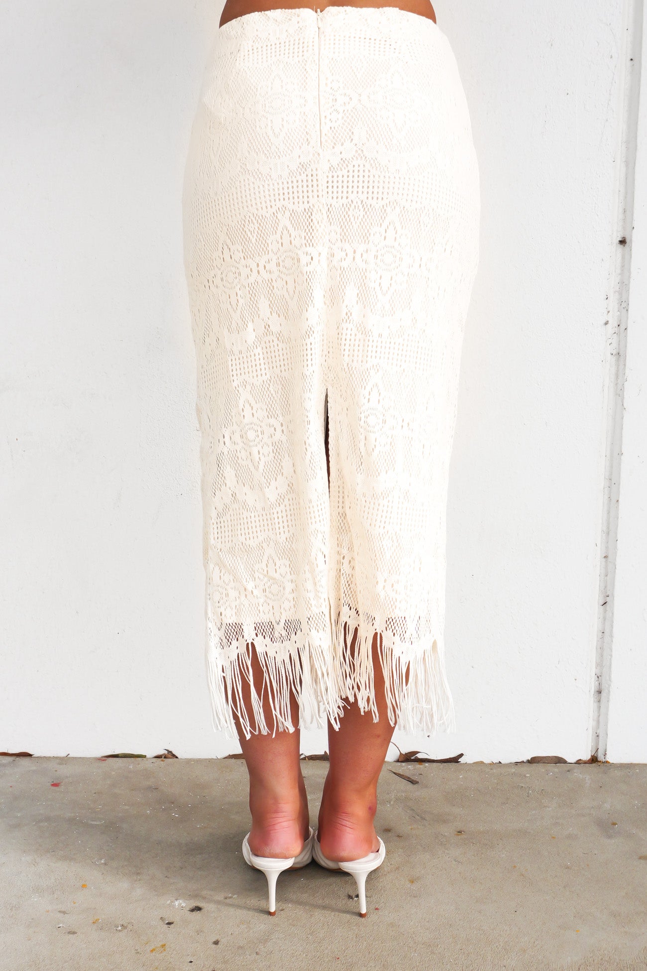 Zarlee Lace Fringe Midi Skirt Ivory