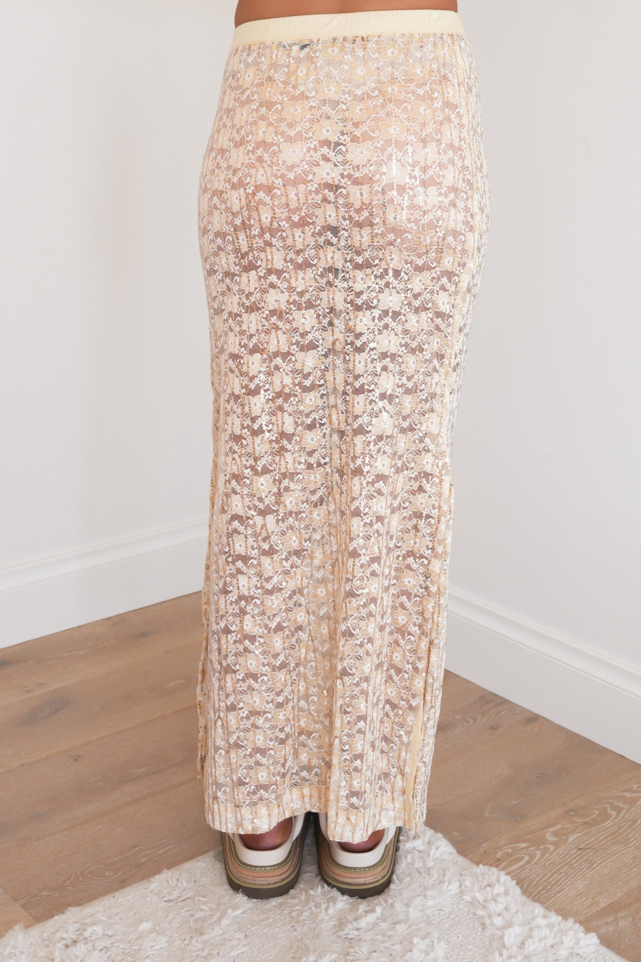 Ziva Sequin Lace Maxi Skirt Yellow