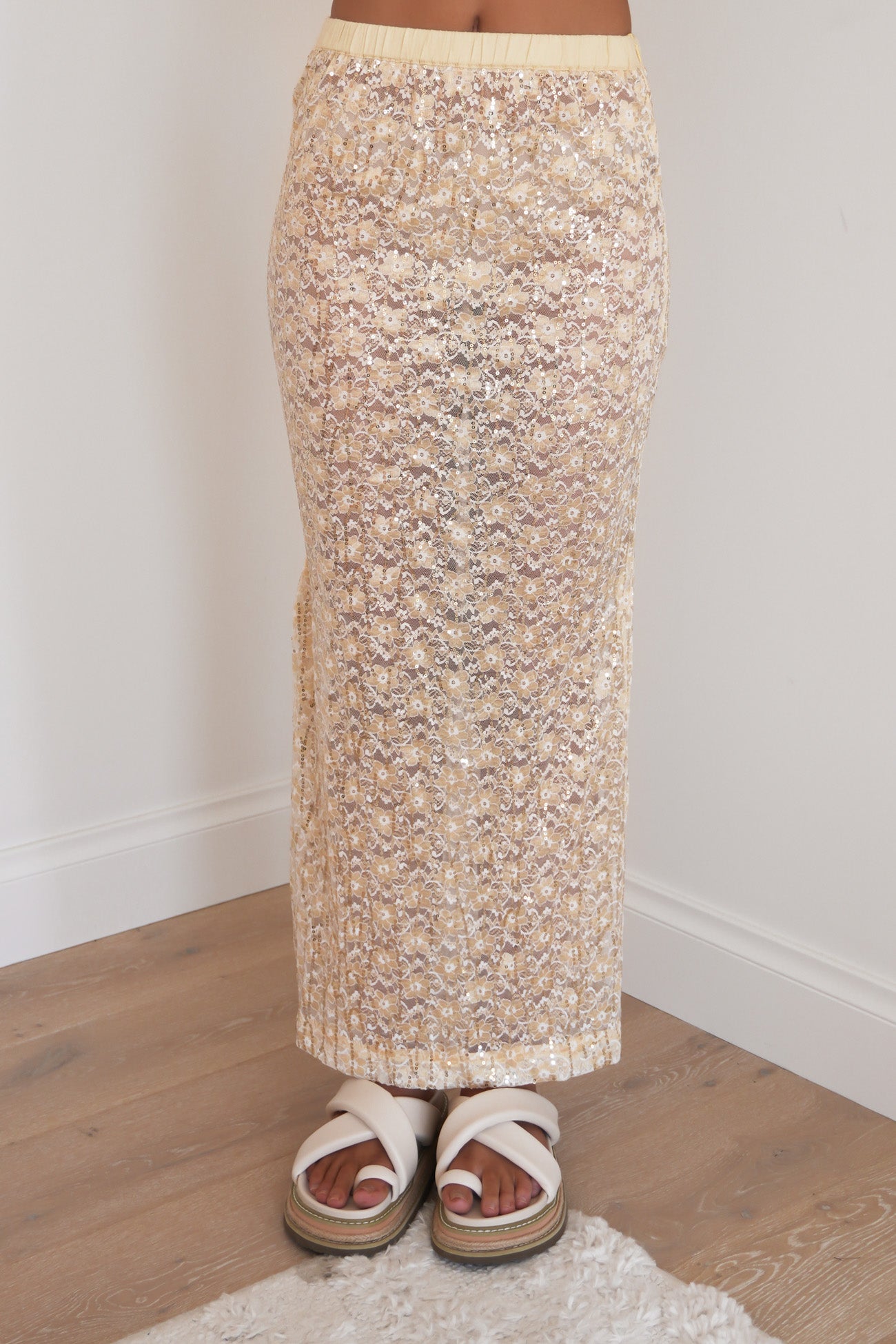 Ziva Sequin Lace Maxi Skirt Yellow