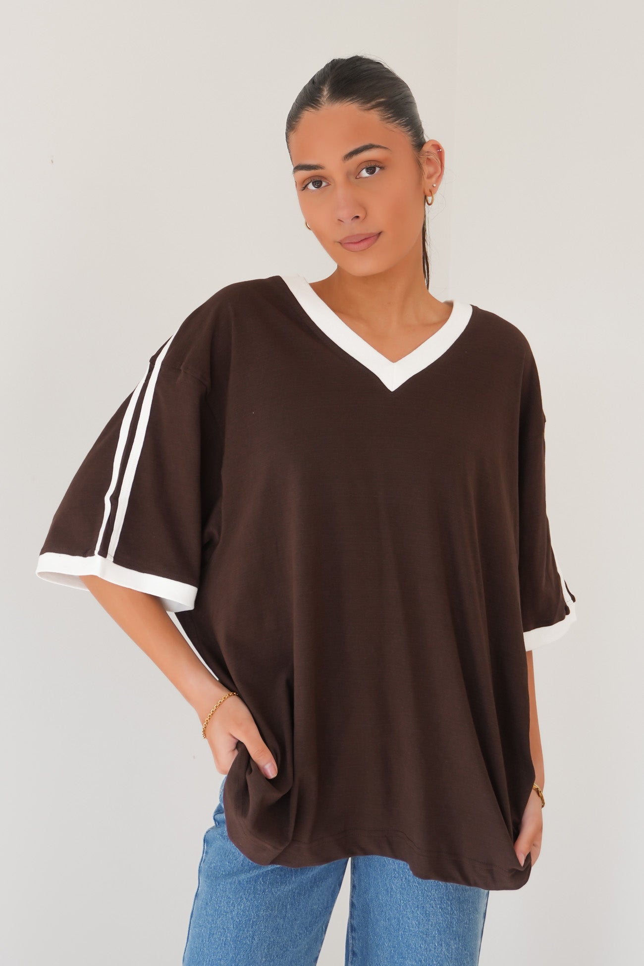 Zulu Panel Oversized V Neck Tee Brown