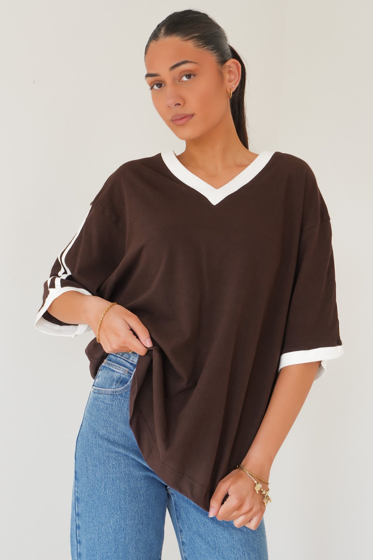 Zulu Panel Oversized V Neck Tee Brown