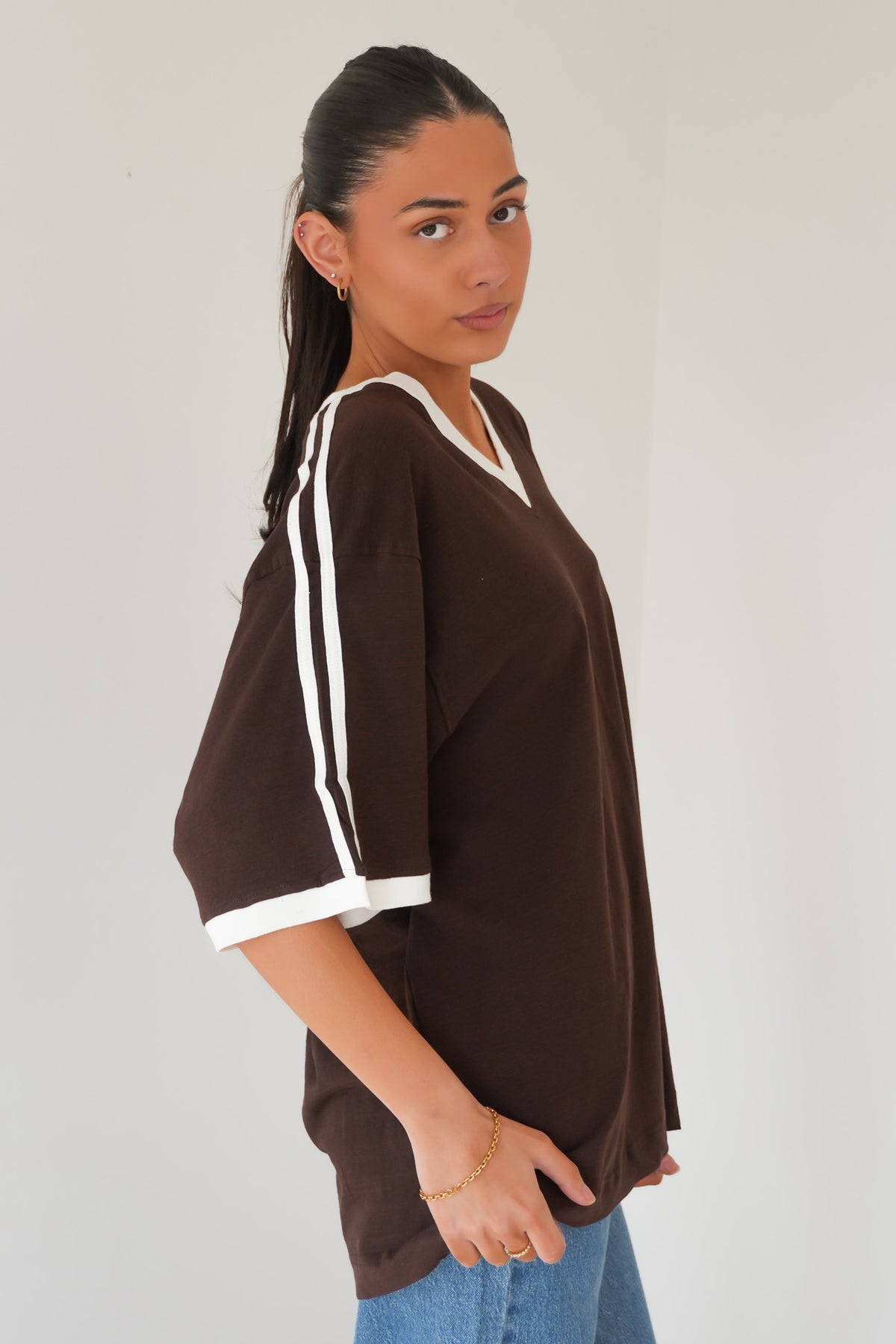 Zulu Panel Oversized V Neck Tee Brown