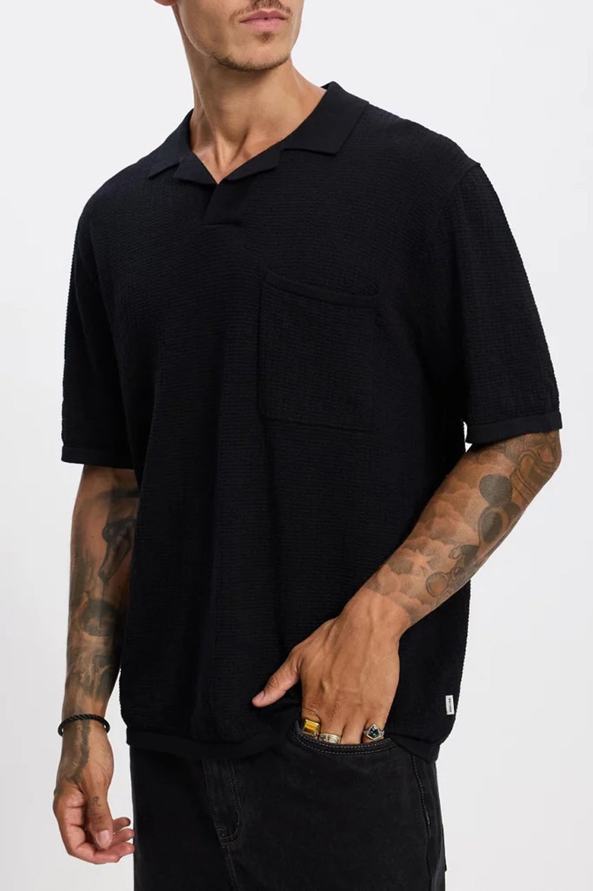 Textured Knit Johnny Polo Black