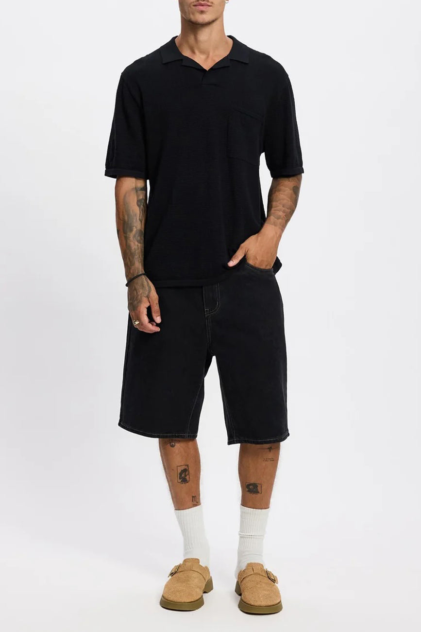 Textured Knit Johnny Polo Black