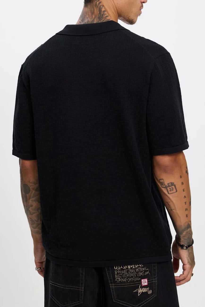 Textured Knit Johnny Polo Black