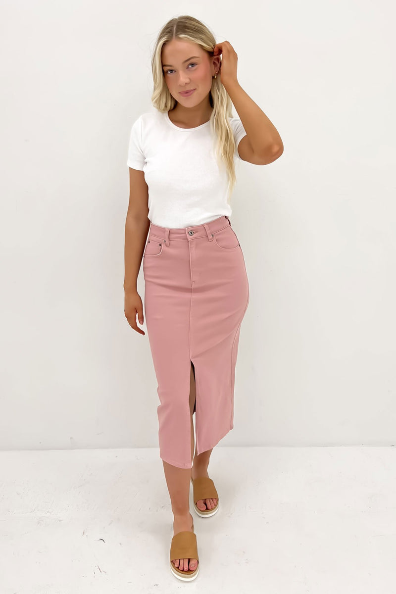 Pink pencil denim skirt top