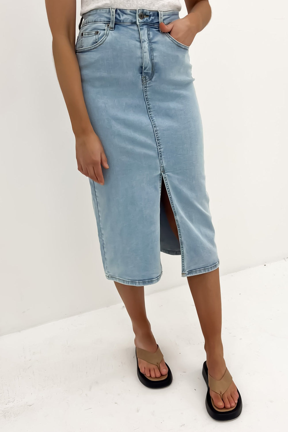 Denim Midi Slit Skirt Light Blue