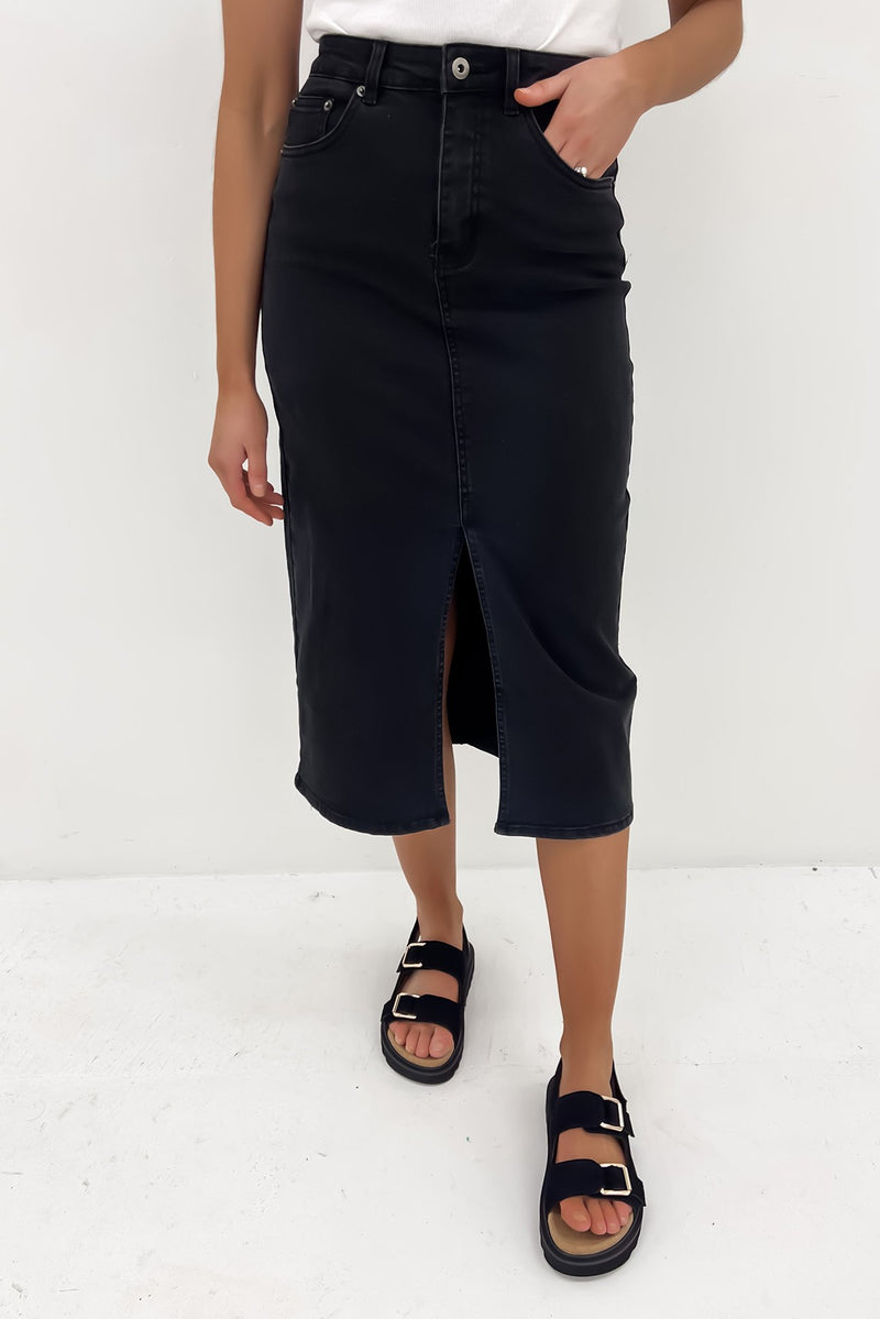 Alivia Denim Midi Skirt Wash Black